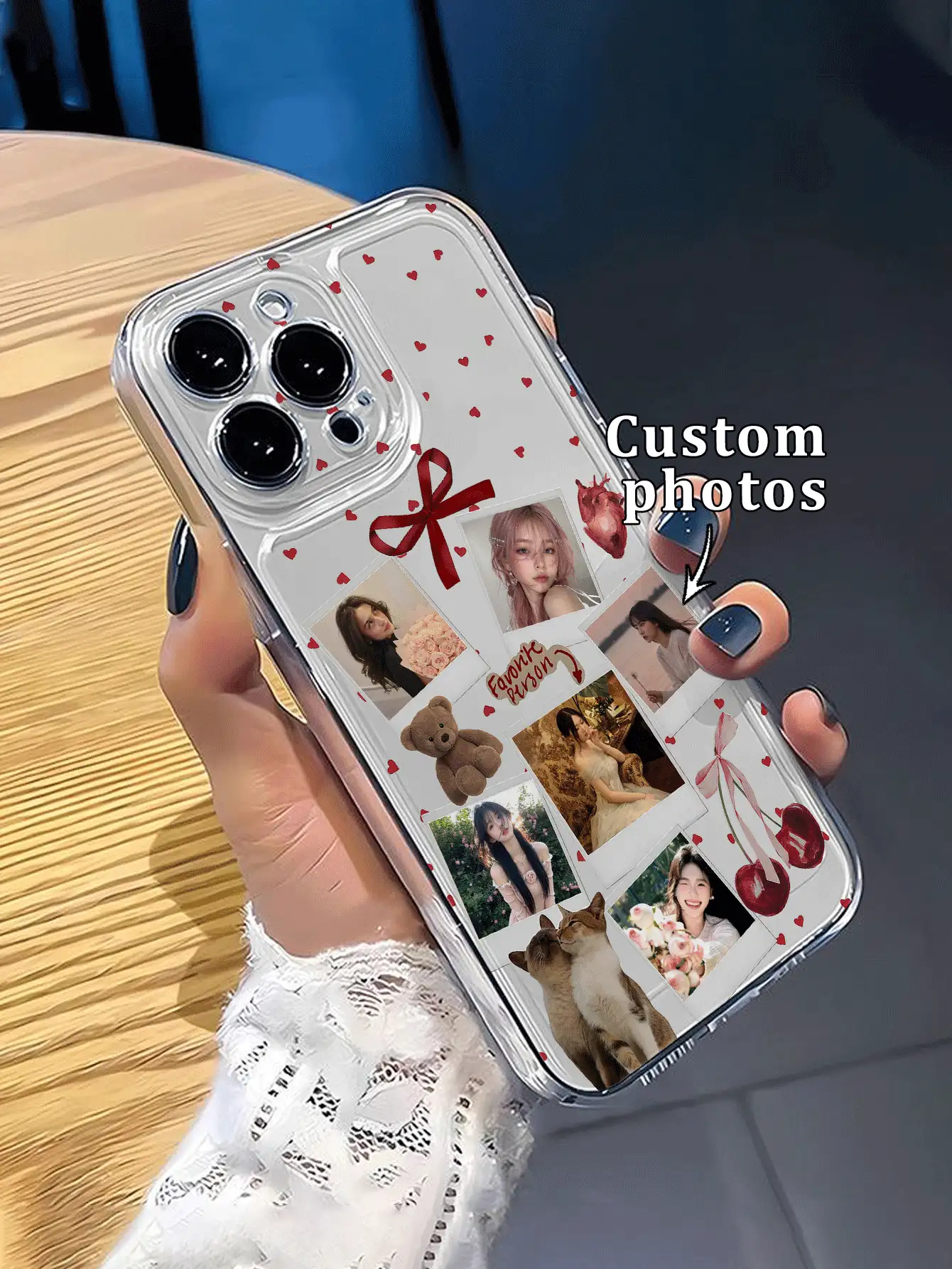 1pc DIY 6-Photo Red Bow Cherry Small Panda Cat Heart Background Pattern Ultra-Thin Transparent TPU Phone Case, Suitable For IPhone 17 Pro Max/16 Pro/15 Pro/14 Plus/13 Pro/12 Pro Max/11/Xs Max/8/7/6 Plus, Premium Business, Best Gift For Leaders, Friends, Father, Mother, Boyfriend, Girlfriend - Clear - View 2