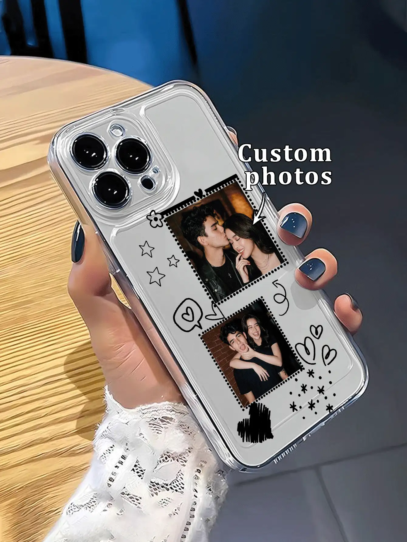 1件 DIY 2張照片客製化線條愛心星星塗鴉超薄透明 TPU 手機殼,適用於 Apple Duo/18ProMax/17ProMax/16Pro/15/14Plus/13Pro/12ProMax/11/XsMax/8/7/6Plus,高級商務風,送給領導、朋友、父親、母親、男友、女友的最佳禮物 - 無色 - 查看 2
