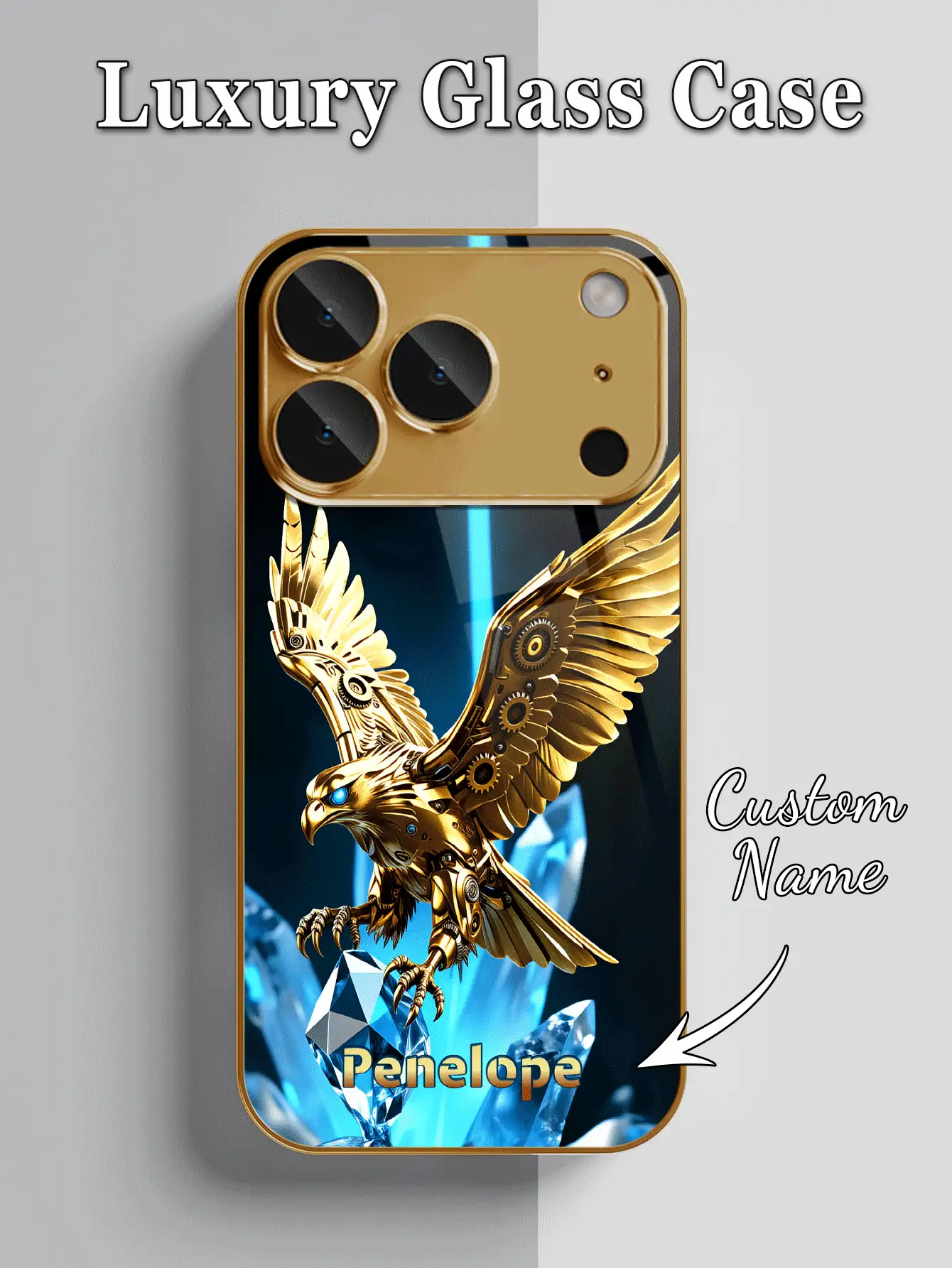 1件 DIY 定製姓名賽博機械齒輪金鷹藍水晶圖案,電鍍金強化玻璃材質手機殼,適用於 iPhone 17ProMax/Apple 16 Pro Max/15/14 Plus/13 Pro/12 Pro Max/11/XsMax/8/7/6Plus - 金色 - 查看 2