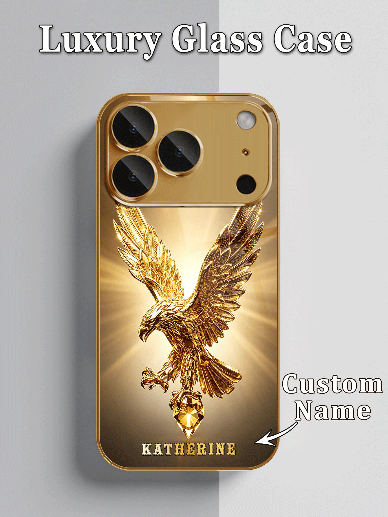 1pc DIY Customized Name Gilded Spreading Eagle Diamond Pendant Pattern, Electroplated Gold Tempered Glass Material Phone Case Compatible With IPhone 17ProMax/Apple 16 Pro Max/15/14 Plus/13 Pro/12 Pro Max/11/XsMax/8/7/6Plus - Gold - View 2