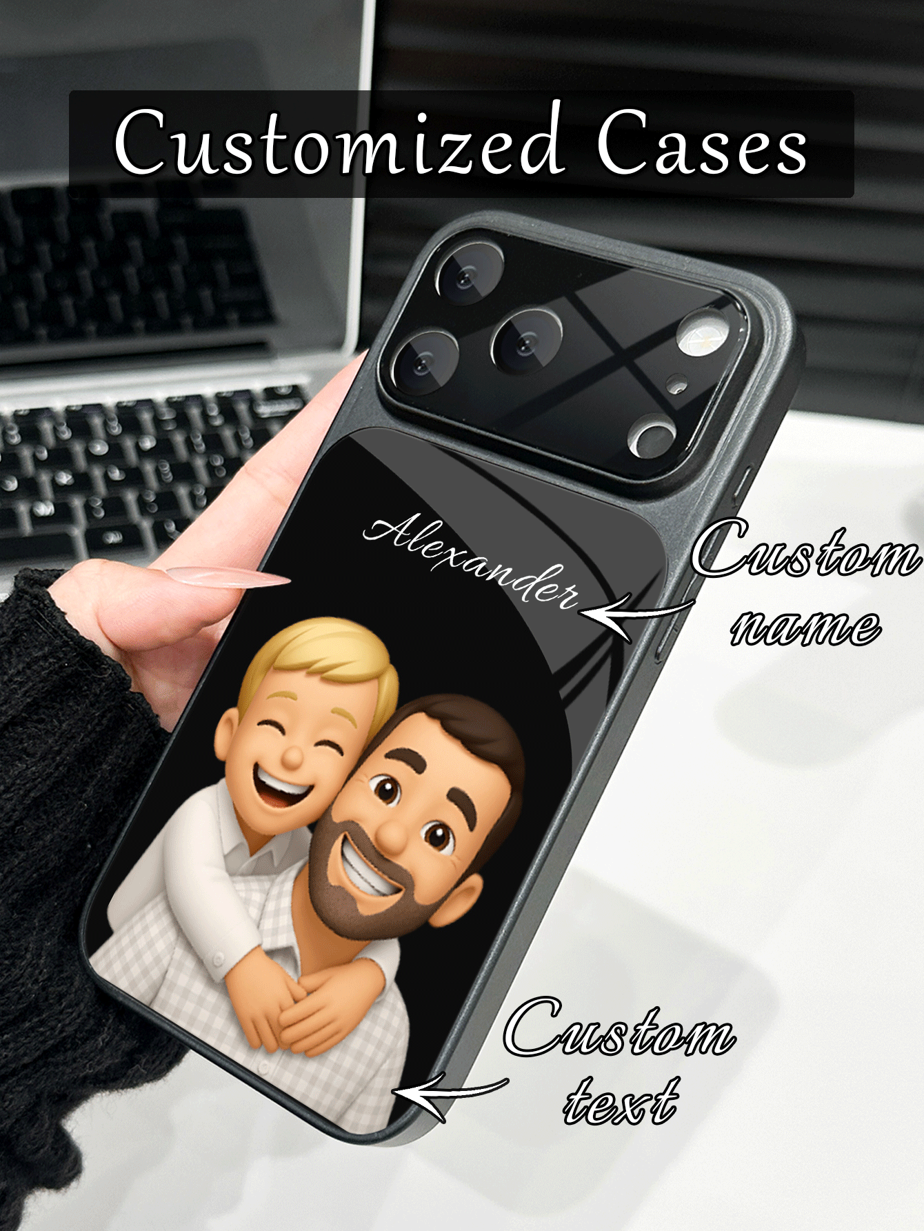1pc DIY Real Photo To 3D Cartoon Portrait & Name Customized, Black Luxury Fashion Large Window Tempered Glass With Lens Protection Matte Anti-Drop Phone Case Suitable For IPhone 17ProMax/17Air/16Pro/15Plus/14ProMax/13/13Pro/13ProMax/12/11 Phone Accessories Full Coverage Premium Protective Cover - Black - View 2