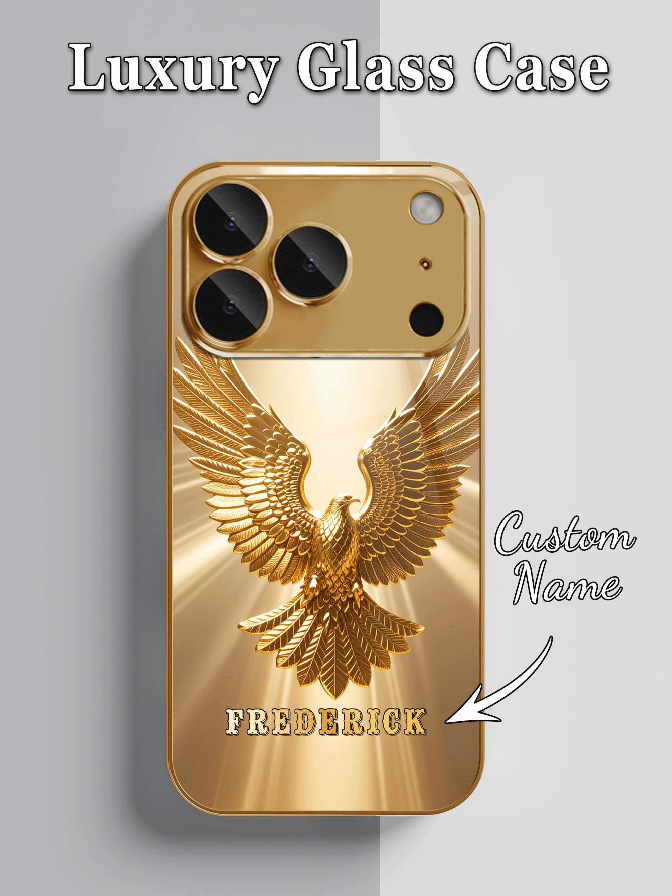 1 buah Casing Ponsel DIY Kustom dengan Nama, Cahaya Emas Memancar, Sayap Terbentang, Pola Elang Emas, Bahan Kaca Tempered Berlapis Emas, Cocok untuk iPhone 17ProMax/Apple 16 Pro Max/15/14 Plus/13 Pro/12 Pro Max/11/XsMax/8/7/6Plus - Emas - View 2