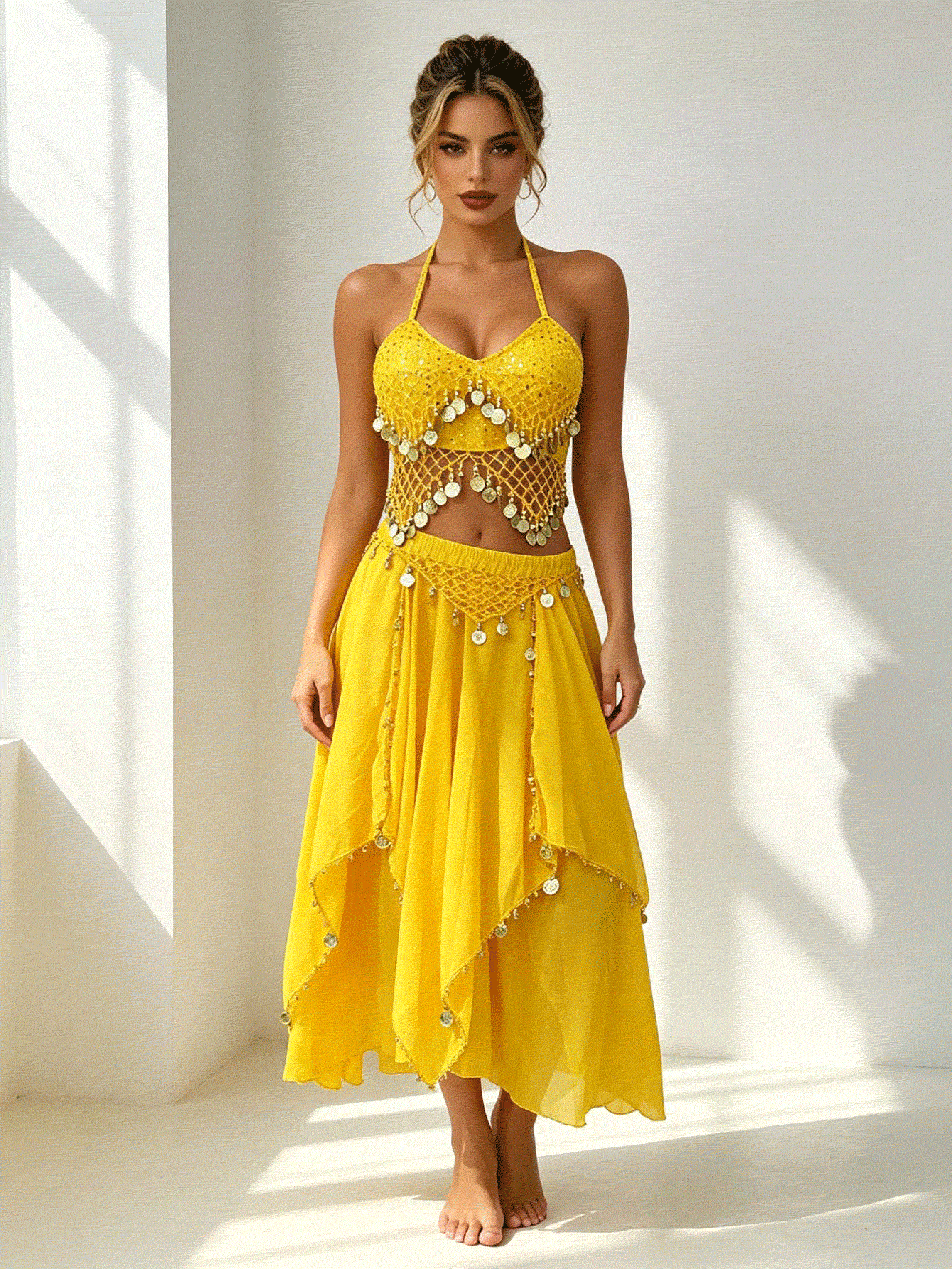 Bohemian Rhinestone Coin Halter Crop Top With Asymmetric Sheer Chiffon Skirt For Beach Vacations, Desert Festivals & Rave Outfits (Available In Multiple Colors) - Multicolor - View 2
