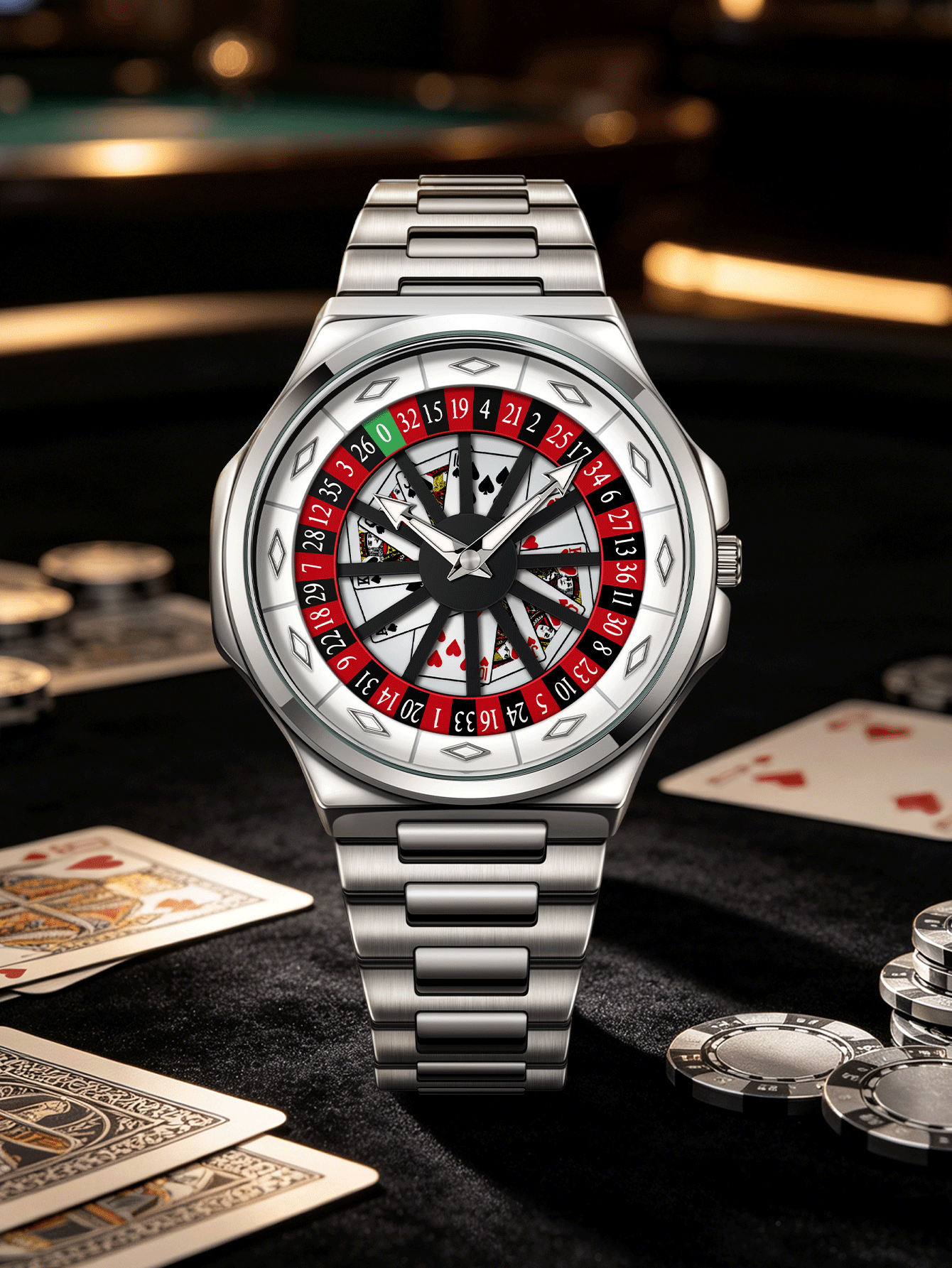NSNEVER STOP NS New Style 1pc Men's Creative Roulette Poker Dial Quartz Watch, All Black Steel Band, Personalized Cool Men's Wristwatch, Non-Mechanical Pointer Watch, Holiday Gift, Birthday Gift, Gift For Lover, Father, Back To School, Valentine's Day - Silver - View 2