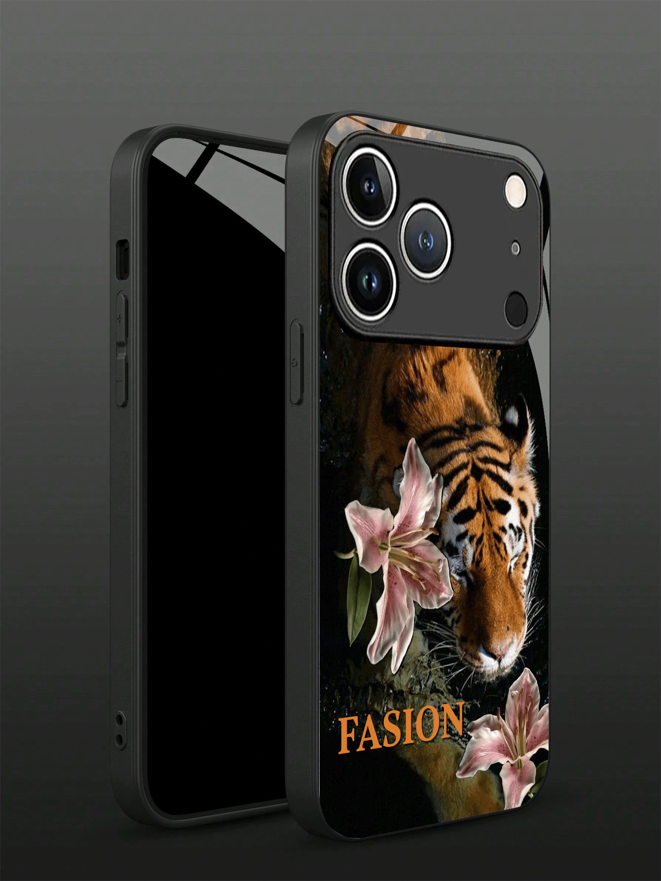 1pc Customizable Text With Wild Tiger And Soft Pink Lily Flower Pattern Design Tempered Glass Phone Case Compatible With IPhone 17 Pro Max/17 Air/15/16 Pro/14 Plus/13 Pro/12 Pro Max/11/Xs Max/8/7/6 Plus/ S24 Ultra/S25 Ultra/A12/ NOTE 13/14/ K40/ 11 Phone Protective Cover, High-End Fashion Business Customized, Perfect Gift For Family, Colleagues, And Friends - Black - View 3