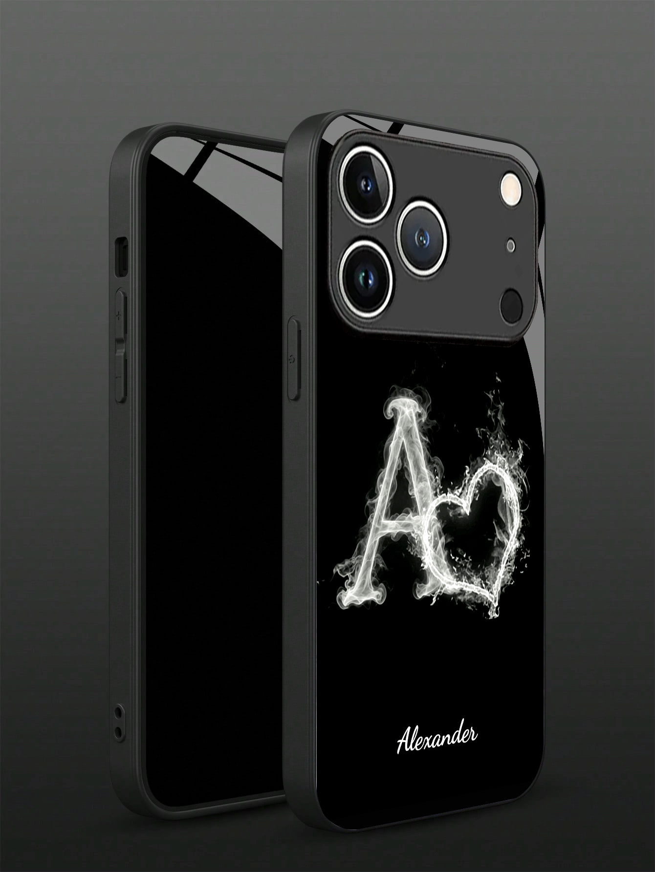 1pc Personalized Name With White Smoke Effect 26 Uppercase Letter Pattern Design Tempered Glass Phone Case Compatible With IPhone 17 ProMax/17Air/15/16Pro/14 Plus/13 Pro/12 Pro Max/11/Xs Max/8/7/6 Plus/ S24 Ultra/S25 Ultra/A12/ NOTE13/14/ K40/ 11, Suitable For Couples, Best Friends, Anniversaries And More, Romantic And Commemorative Style - Black - View 3