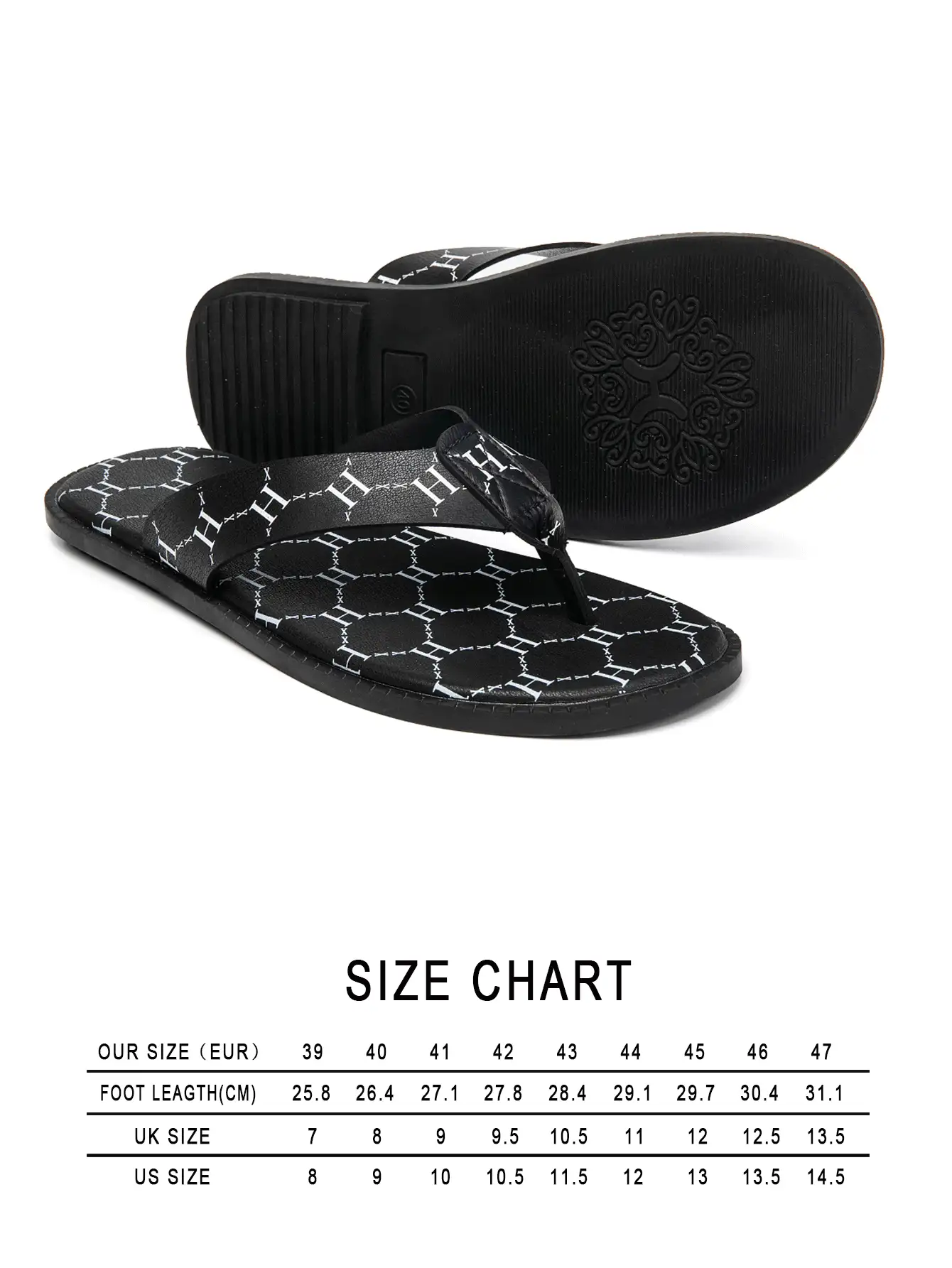 Men's Printed Flip Flops, Beach Style H-Pattern Thong Sandals, Comfortable For Beach, Casual Commute, Versatile - Black - View 3