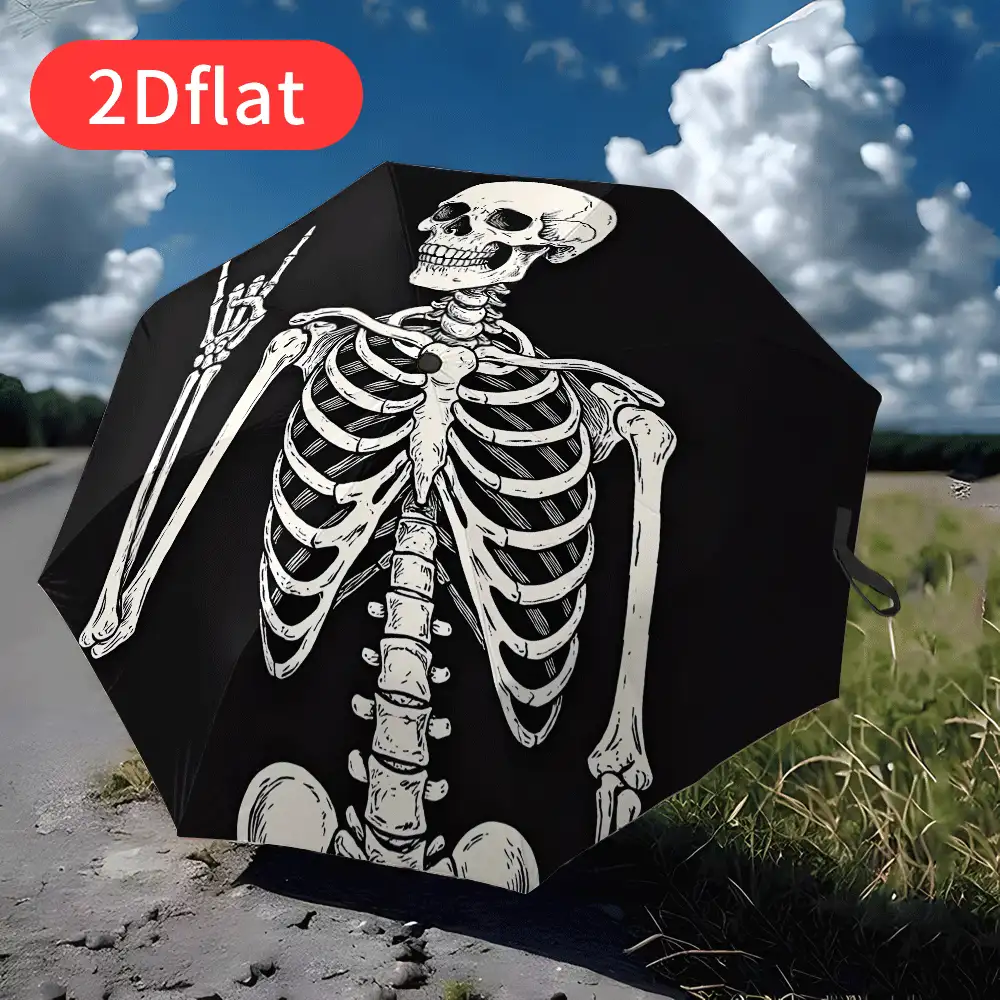 1pc Halloween Gothic Skull Pattern Umbrella - An Automatic Open/Close, Windproof, Waterproof And UV-Resistant Umbrella, Suitable For Both Sunny And Rainy Days. This Lightweight And Portable Travel Umbrella Features A Dark Punk Style Horror Skull Pattern, Suitable For Both Men And Women, Perfect For Street Parties And An Excellent Gift Choice For Holidays. - Skeleton - View 3