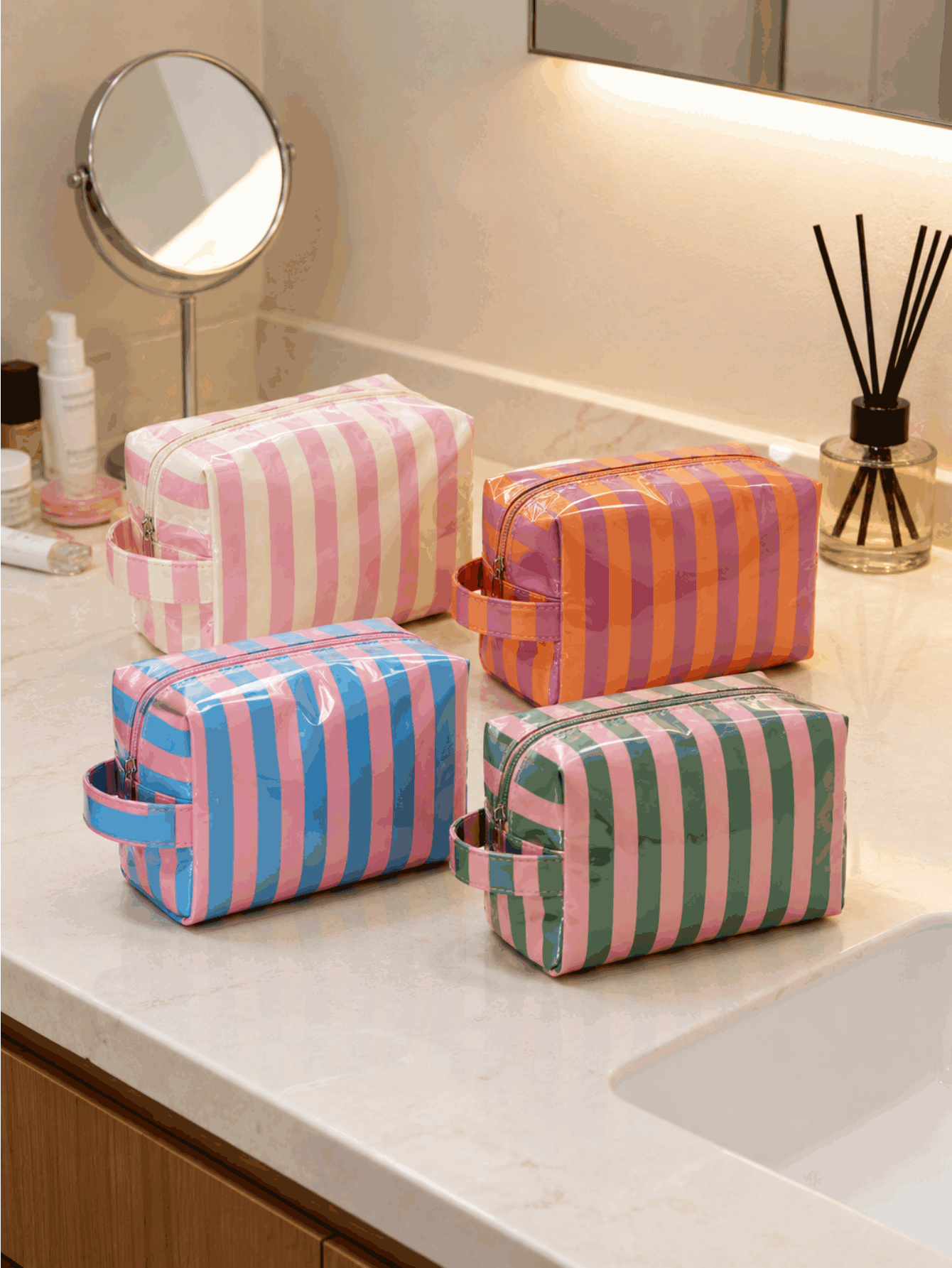 1pc/2pcs Striped Cosmetic Bag, Women/Girls Travel Makeup Organizer Pouch, Suitable For Business Travel, Portable And Casual, Ideal For Holiday And Birthday Gifts Makeup Bag Make Up Organizer Toiletry Bag Makeup Storage Makeup Pouch Wash Bag - Multicolor - View 2
