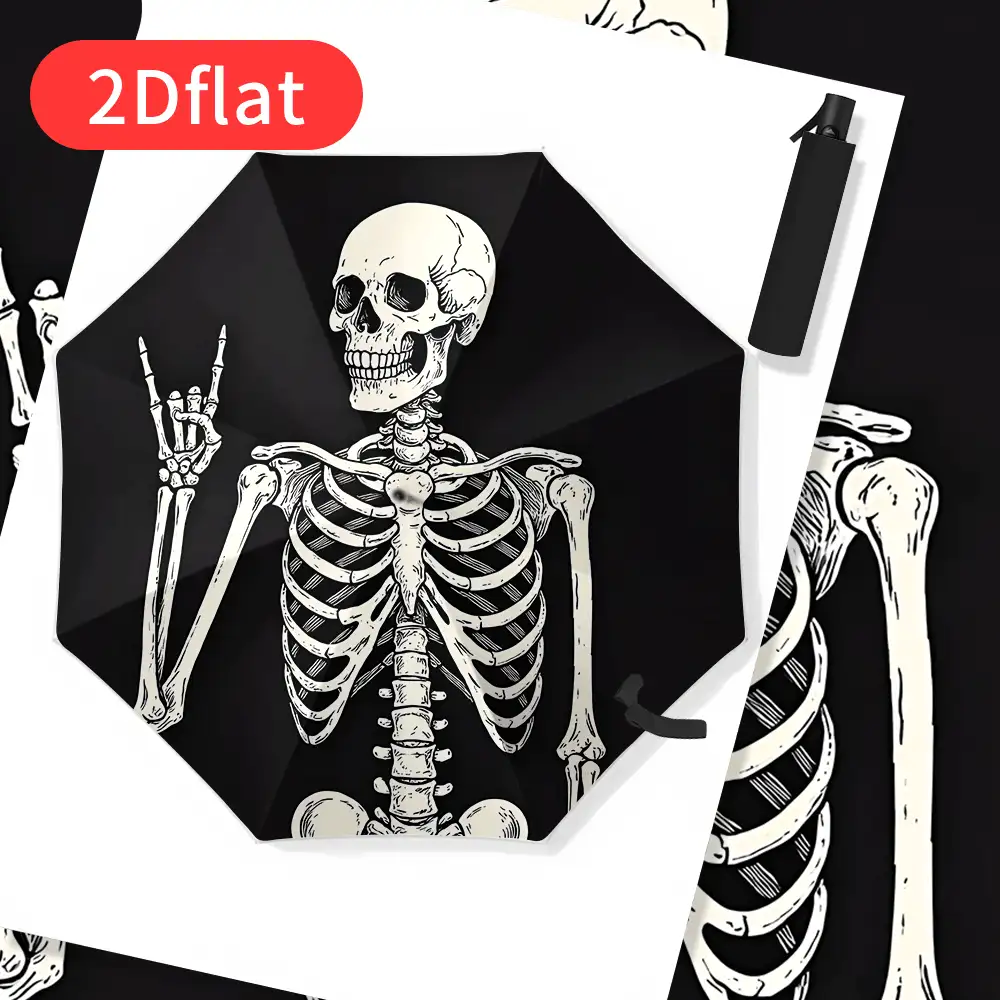 1pc Halloween Gothic Skull Pattern Umbrella - An Automatic Open/Close, Windproof, Waterproof And UV-Resistant Umbrella, Suitable For Both Sunny And Rainy Days. This Lightweight And Portable Travel Umbrella Features A Dark Punk Style Horror Skull Pattern, Suitable For Both Men And Women, Perfect For Street Parties And An Excellent Gift Choice For Holidays. - Skeleton - View 2