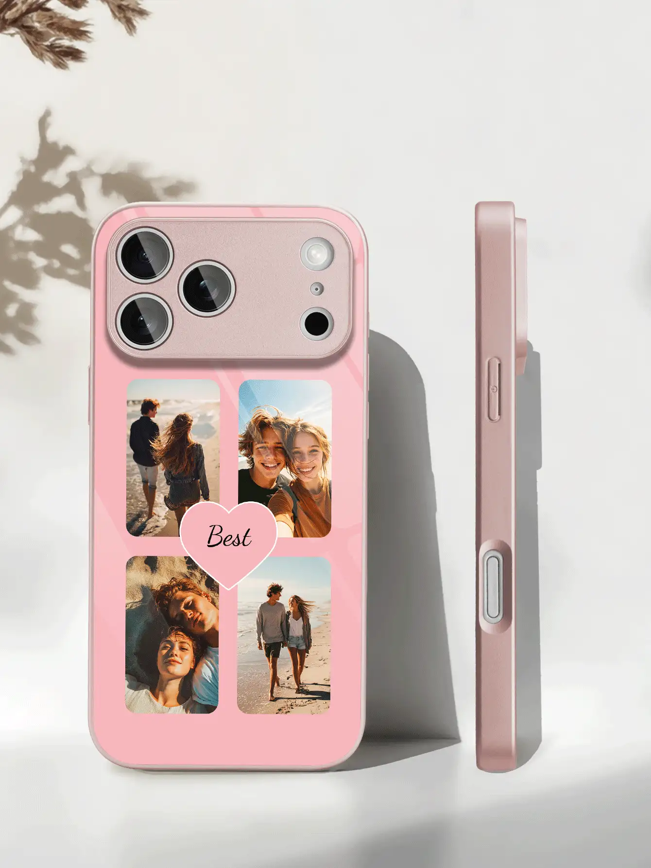 Motif personnalisé pour famille, amis et couples, avec un cœur et quatre photos. Le film recouvre entièrement la coque rigide, texture lisse, convient pour iPhone 16 Pro Max/17 Pro Max/12/11/13/14/15 Pro Max/7/8/X. Convient pour Samsung S20-S26/Ultra/FE/Plus/Ultra et autres modèles, étui de téléphone d'été | Étui de téléphone de haute qualité | Cadeau pour filles - Rose bonbon - Voir 8