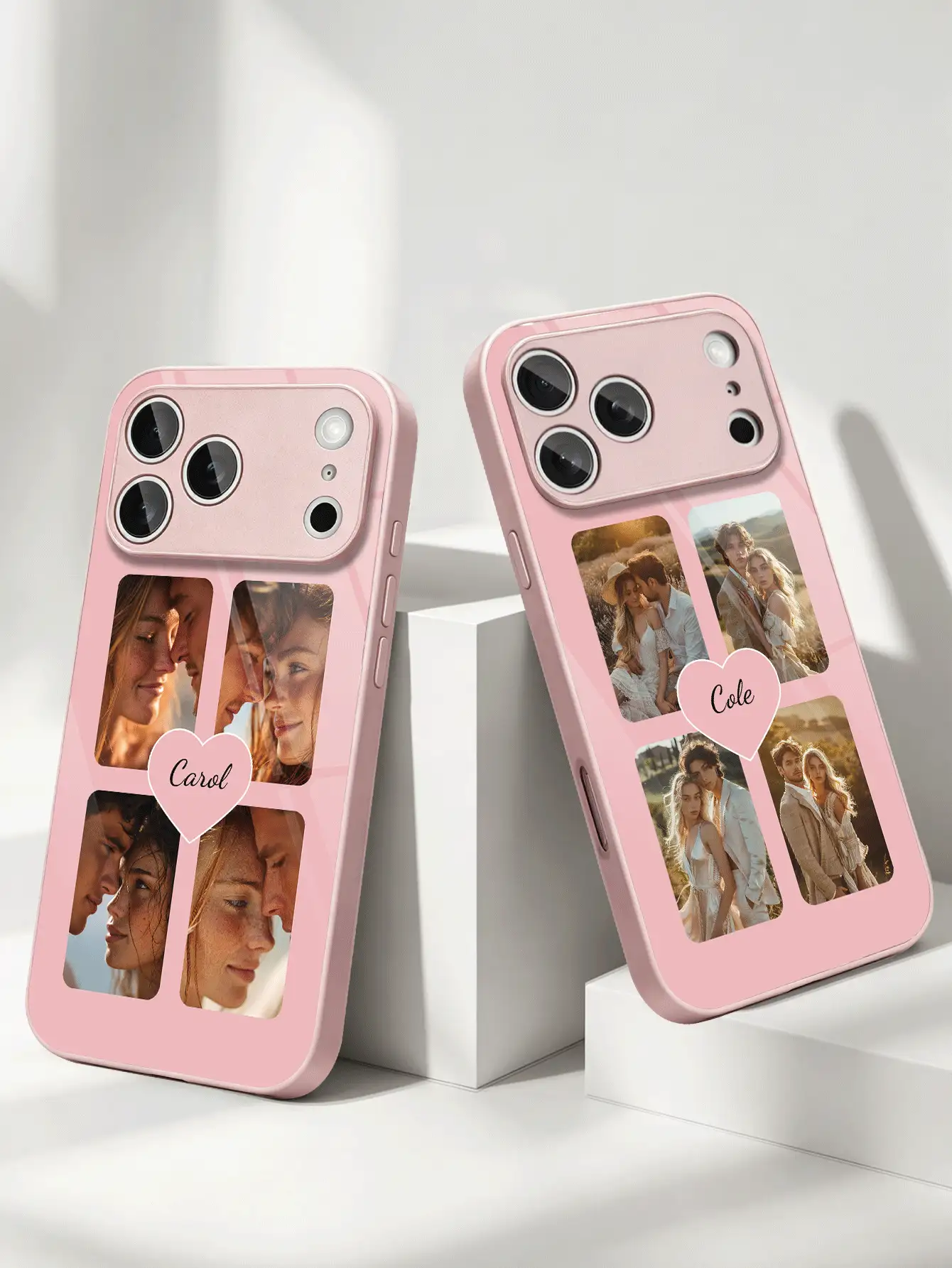 Motif personnalisé pour famille, amis et couples, avec un cœur et quatre photos. Le film recouvre entièrement la coque rigide, texture lisse, convient pour iPhone 16 Pro Max/17 Pro Max/12/11/13/14/15 Pro Max/7/8/X. Convient pour Samsung S20-S26/Ultra/FE/Plus/Ultra et autres modèles, étui de téléphone d'été | Étui de téléphone de haute qualité | Cadeau pour filles - Rose bonbon - Voir 3