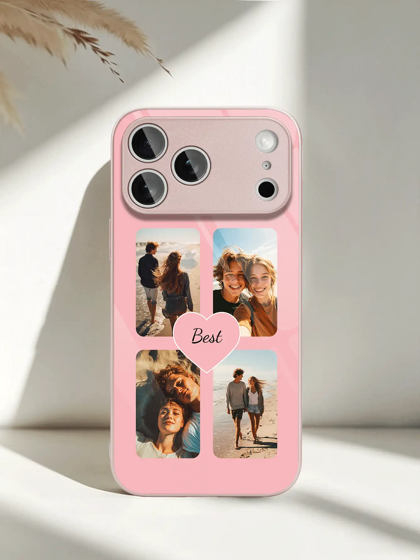 Motif personnalisé pour famille, amis et couples, avec un cœur et quatre photos. Le film recouvre entièrement la coque rigide, texture lisse, convient pour iPhone 16 Pro Max/17 Pro Max/12/11/13/14/15 Pro Max/7/8/X. Convient pour Samsung S20-S26/Ultra/FE/Plus/Ultra et autres modèles, étui de téléphone d'été | Étui de téléphone de haute qualité | Cadeau pour filles - Rose bonbon - Voir 4
