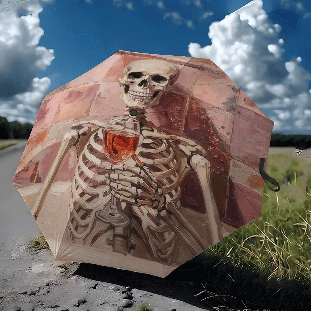 Paraguas de viaje plegable con diseño de esqueleto de Halloween, paraguas compacto a prueba de viento con estampado divertido de copa de vino y calavera para mujeres, estética gótica de academia oscura, sombrilla ligera y portátil, regalo de temporada espeluznante para amantes del vino - Vino tinto Skull - Ver 3