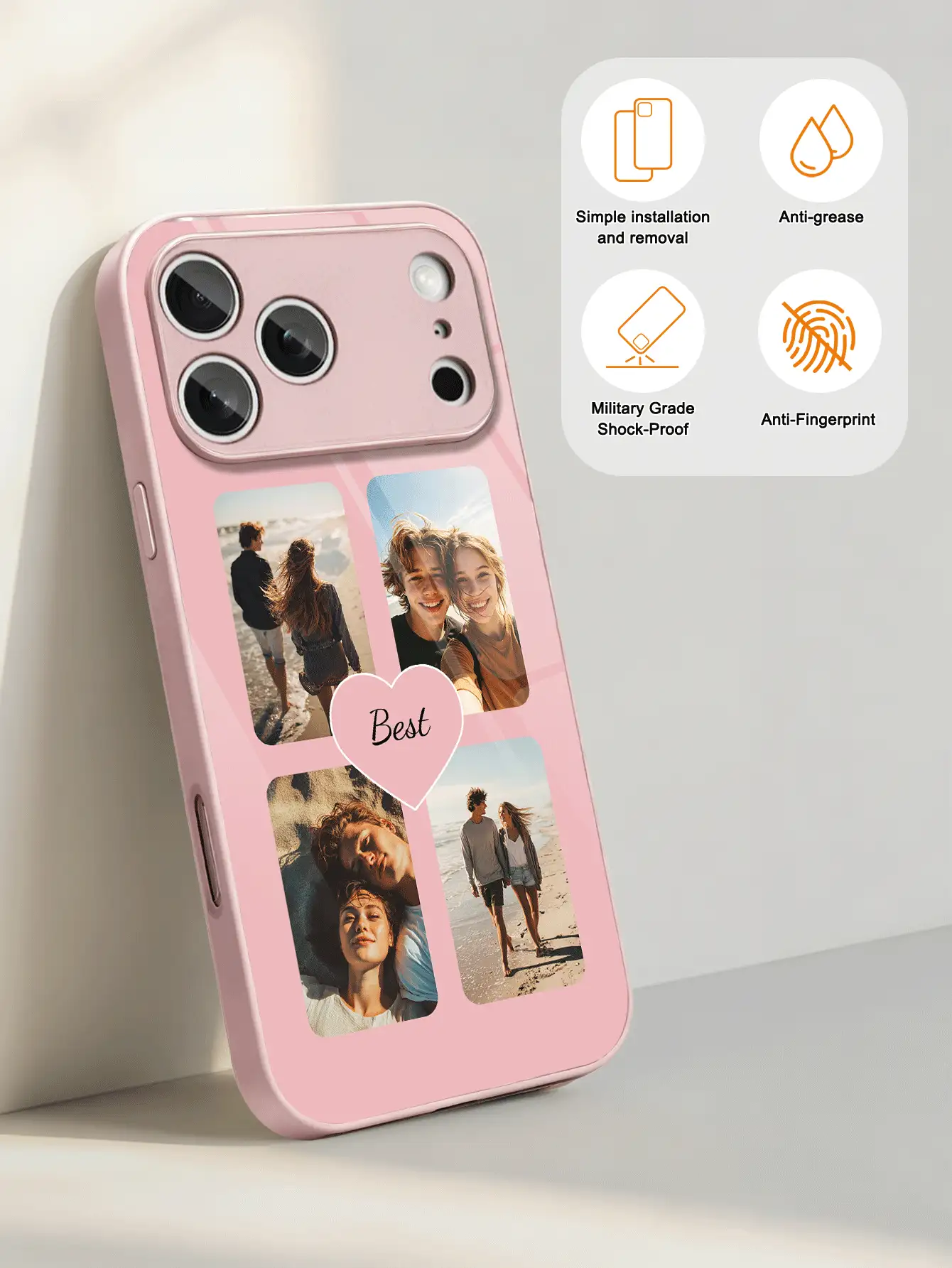 Motif personnalisé pour famille, amis et couples, avec un cœur et quatre photos. Le film recouvre entièrement la coque rigide, texture lisse, convient pour iPhone 16 Pro Max/17 Pro Max/12/11/13/14/15 Pro Max/7/8/X. Convient pour Samsung S20-S26/Ultra/FE/Plus/Ultra et autres modèles, étui de téléphone d'été | Étui de téléphone de haute qualité | Cadeau pour filles - Rose bonbon - Voir 6