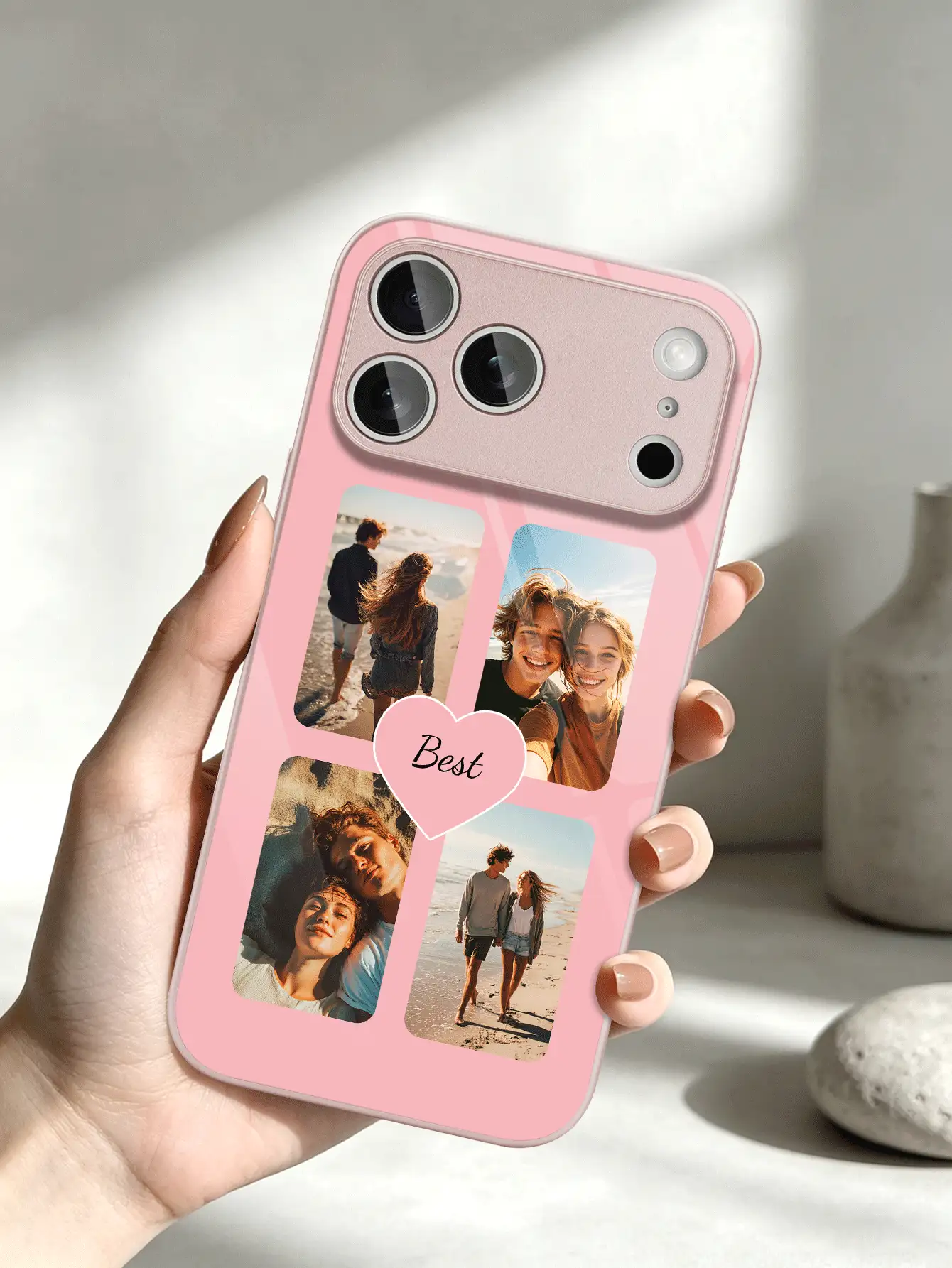 Motif personnalisé pour famille, amis et couples, avec un cœur et quatre photos. Le film recouvre entièrement la coque rigide, texture lisse, convient pour iPhone 16 Pro Max/17 Pro Max/12/11/13/14/15 Pro Max/7/8/X. Convient pour Samsung S20-S26/Ultra/FE/Plus/Ultra et autres modèles, étui de téléphone d'été | Étui de téléphone de haute qualité | Cadeau pour filles - Rose bonbon - Voir 7