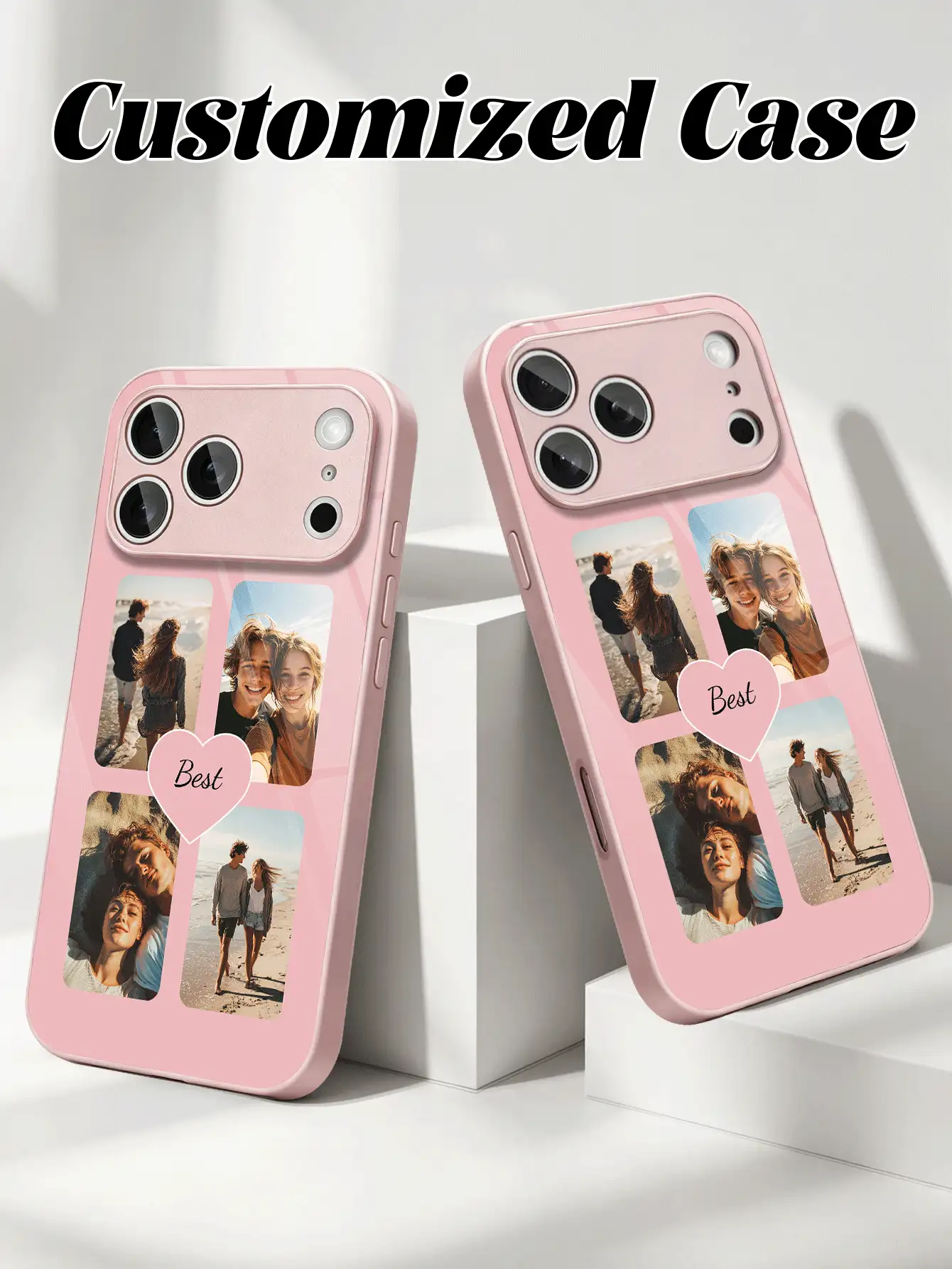 Motif personnalisé pour famille, amis et couples, avec un cœur et quatre photos. Le film recouvre entièrement la coque rigide, texture lisse, convient pour iPhone 16 Pro Max/17 Pro Max/12/11/13/14/15 Pro Max/7/8/X. Convient pour Samsung S20-S26/Ultra/FE/Plus/Ultra et autres modèles, étui de téléphone d'été | Étui de téléphone de haute qualité | Cadeau pour filles - Rose bonbon - Voir 5