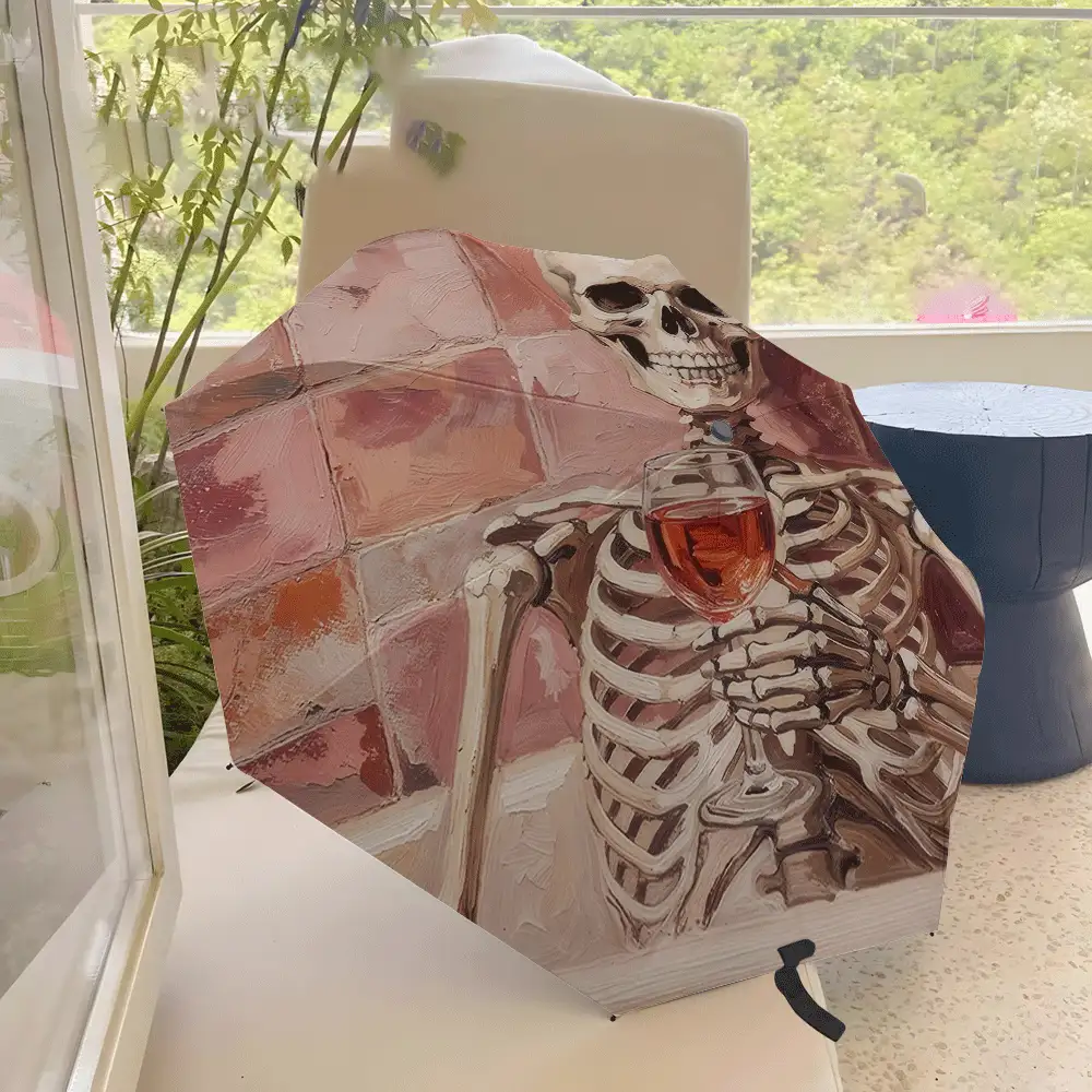 Paraguas de viaje plegable con diseño de esqueleto de Halloween, paraguas compacto a prueba de viento con estampado divertido de copa de vino y calavera para mujeres, estética gótica de academia oscura, sombrilla ligera y portátil, regalo de temporada espeluznante para amantes del vino - Vino tinto Skull - Ver 4