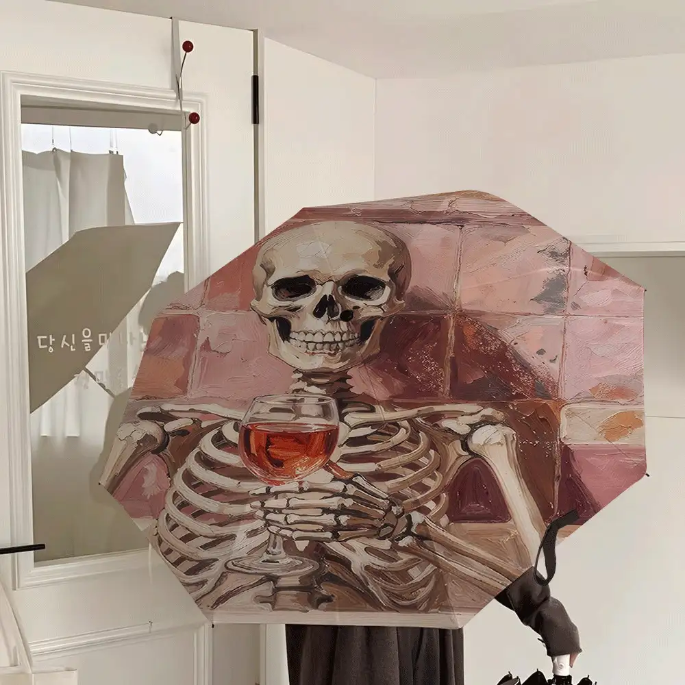 Paraguas de viaje plegable con diseño de esqueleto de Halloween, paraguas compacto a prueba de viento con estampado divertido de copa de vino y calavera para mujeres, estética gótica de academia oscura, sombrilla ligera y portátil, regalo de temporada espeluznante para amantes del vino - Vino tinto Skull - Ver 2