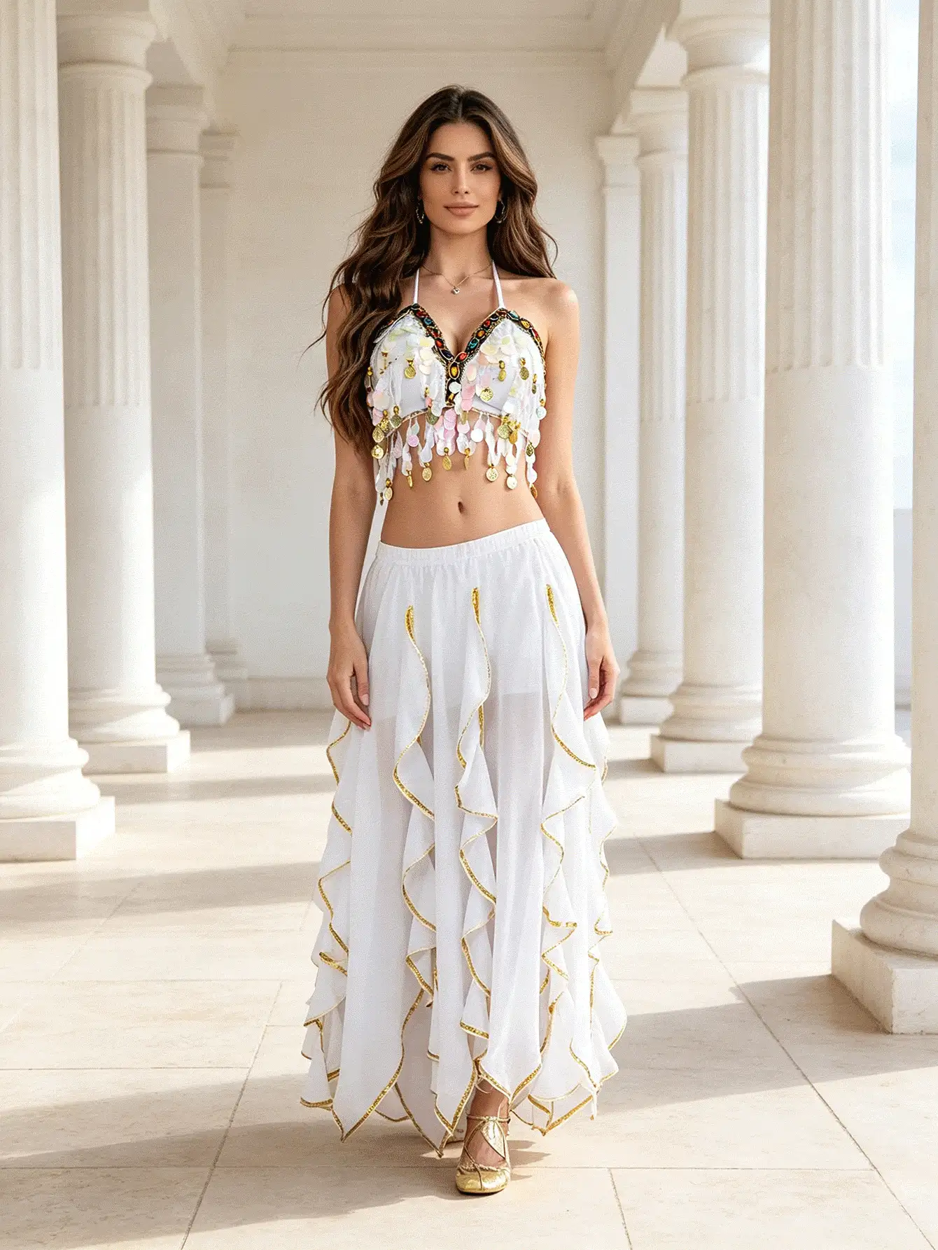 Professional Belly Dance Sequin Coin Fringe Halter Crop Top, Elastic Waist Side Slit Layered Chiffon Skirt For Dance Training, Stage Shows And Competitions - Multicolor - View 2
