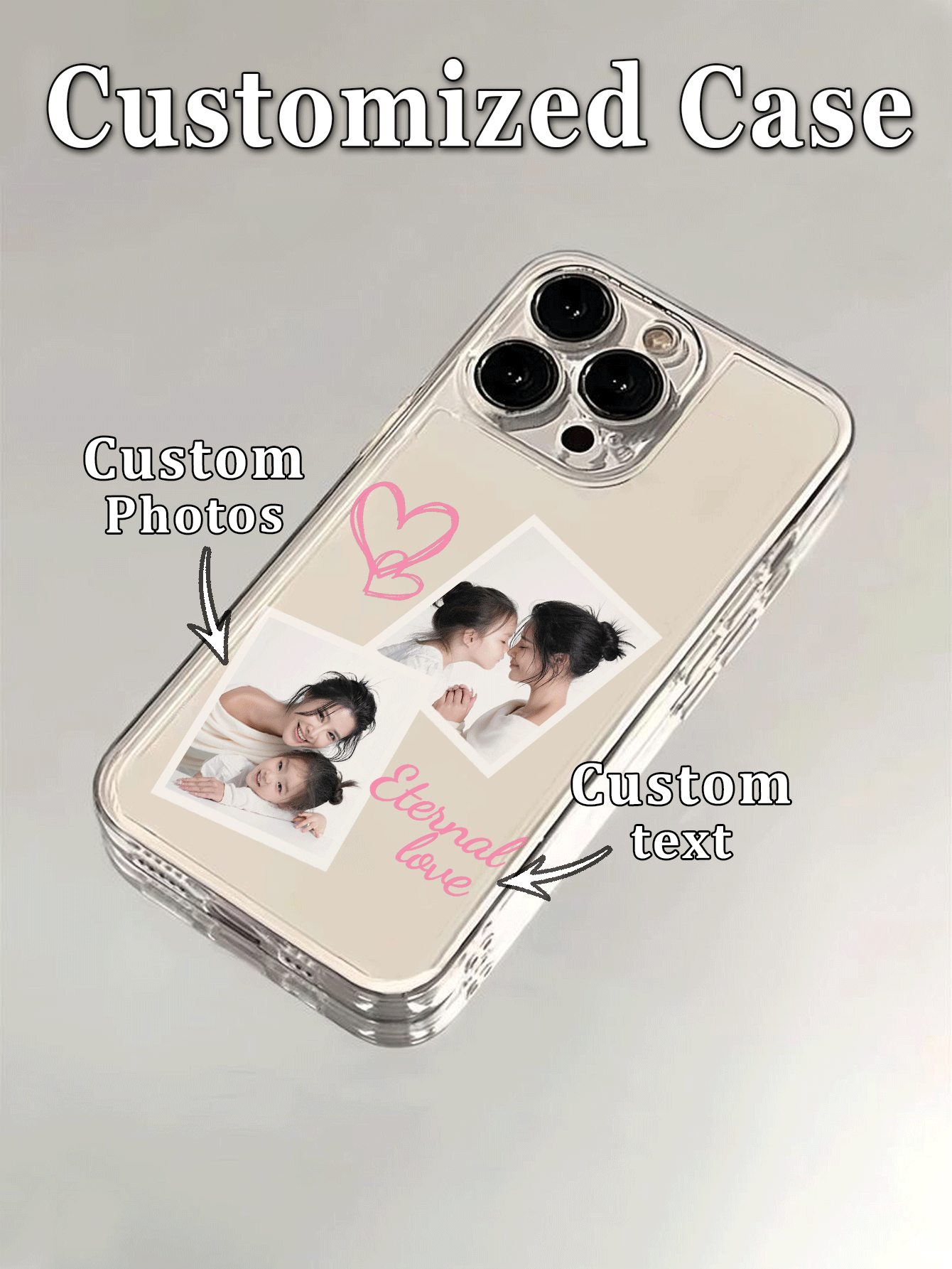 1pc Customized 2 Photos, DIY Lovers Name Heart Element Pattern Ultra-Thin Transparent TPU Phone Case Compatible With Apple Duo/18ProMax/17ProMax/16Pro/15/14Plus/13Pro/12ProMax/11/XsMax/8/7/6Plus Premium Business, Best Gift For Leaders, Friends, Father, Mother, Boyfriend, Girlfriend. - Clear - View 2