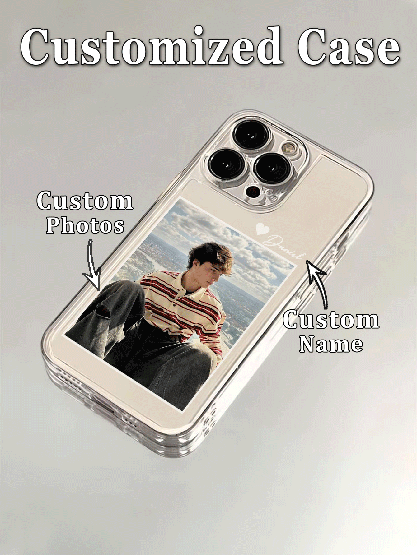 1pc Customized Personalized Photo, DIY Name Small Heart Pattern Ultra-Thin Transparent TPU Phone Case Compatible With Apple Duo/18ProMax/17ProMax/16Pro/15/14Plus/13Pro/12ProMax/11/XsMax/8/7/6Plus Premium Business, Best Gift For Boss, Friends, Father, Mother, Boyfriend, Girlfriend - Clear - View 2