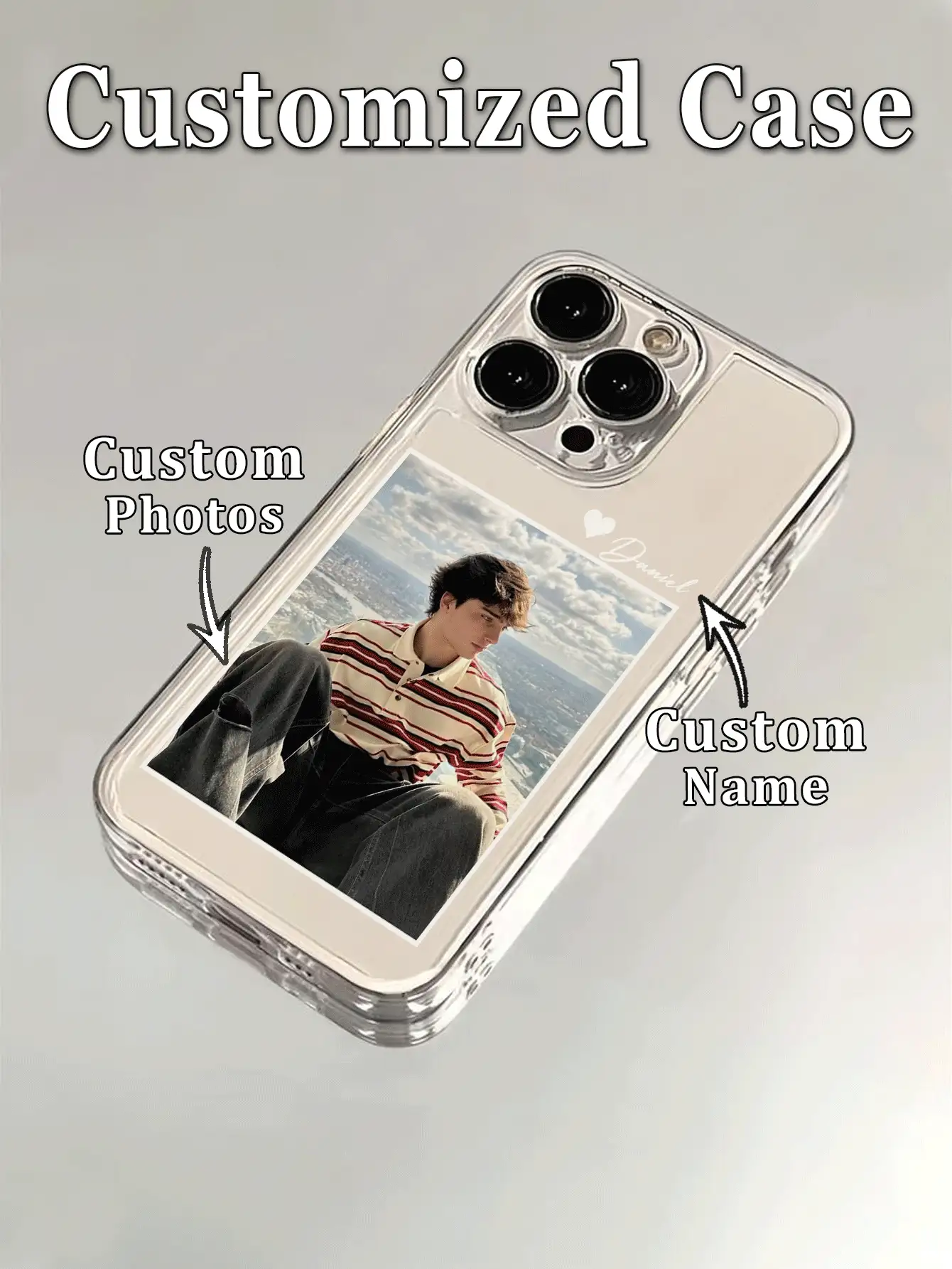 1件客製化個人照片 DIY 姓名小愛心圖案超薄透明 TPU 手機殼,適用 Apple Duo/18ProMax/17ProMax/16Pro/15/14Plus/13Pro/12ProMax/11/XsMax/8/7/6Plus,商務質感,送給老闆、朋友、父親、母親、男友、女友的最佳禮物 - 無色 - 查看 2