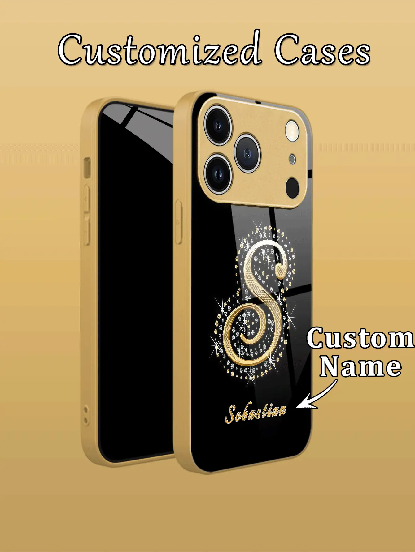 1pc Customized Artistic Calligraphy Initial & Personalized Name, Creative Pattern Back Tempered Glass + TPU Soft Edge Phone Case Compatible With Samsung S26Ultra/S25Plus/S24 Series And Apple 17ProMax/16ProMax/15Pro/14 Plus/13 Pro/12 Pro Max/11/XsMax/8/7/6Plus Phone Accessories, Suitable As Birthday Gift For Girlfriend, Boyfriend Or Yourself - Gold - View 3