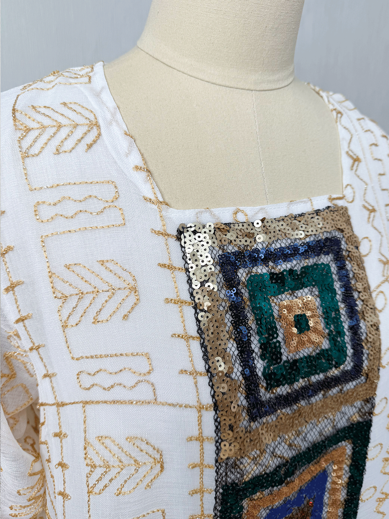 幾何亮片拼接卡夫坦長裙，全身金色刺繡，寬鬆優雅穆斯林長洋裝，白色秋季款 - 白色 - 查看 6