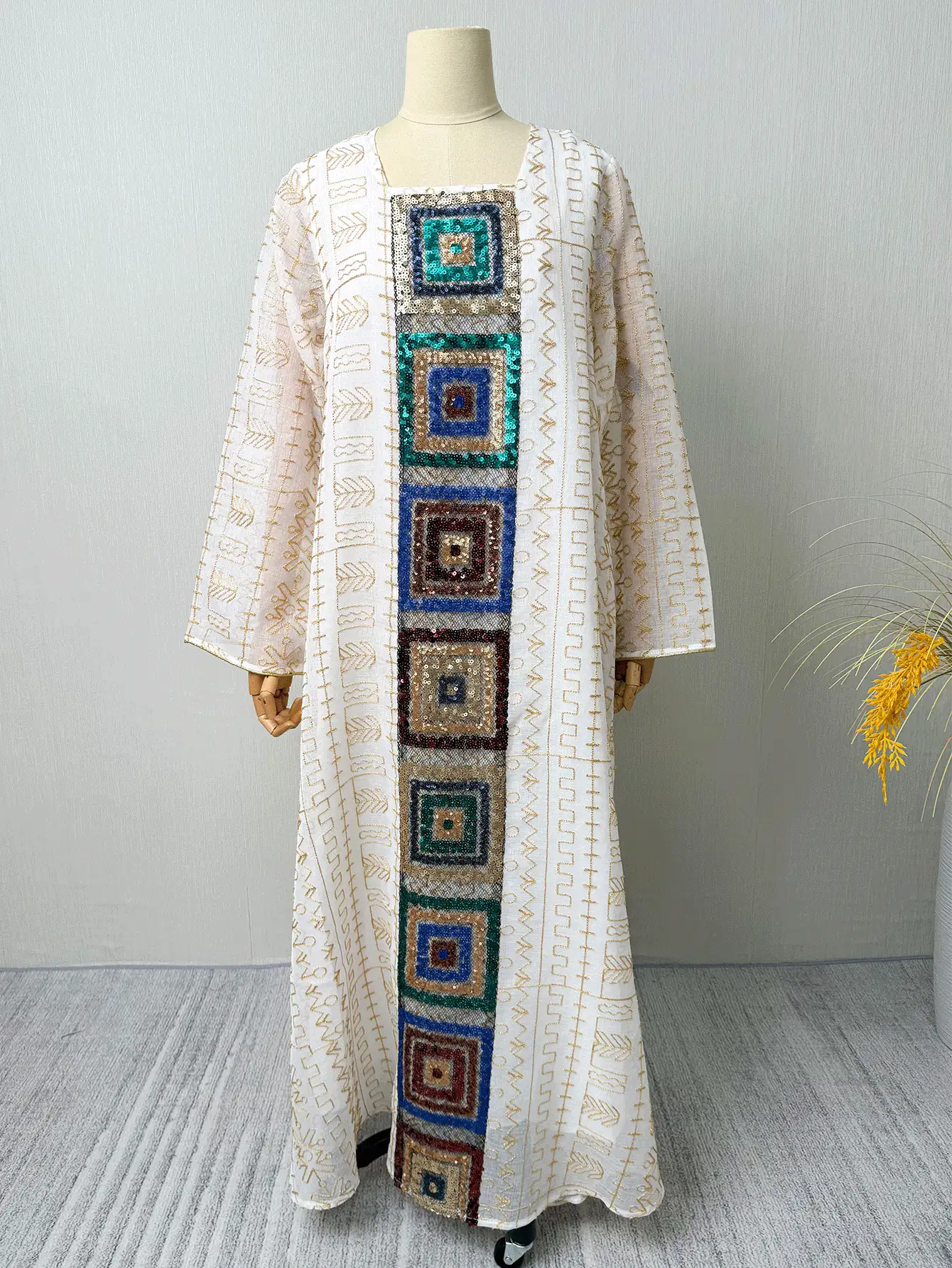 Geometric Sequin Patchwork Kaftan, Full Body Gold Embroidery Loose Elegant Muslim Long Dress White Fall - White - View 5
