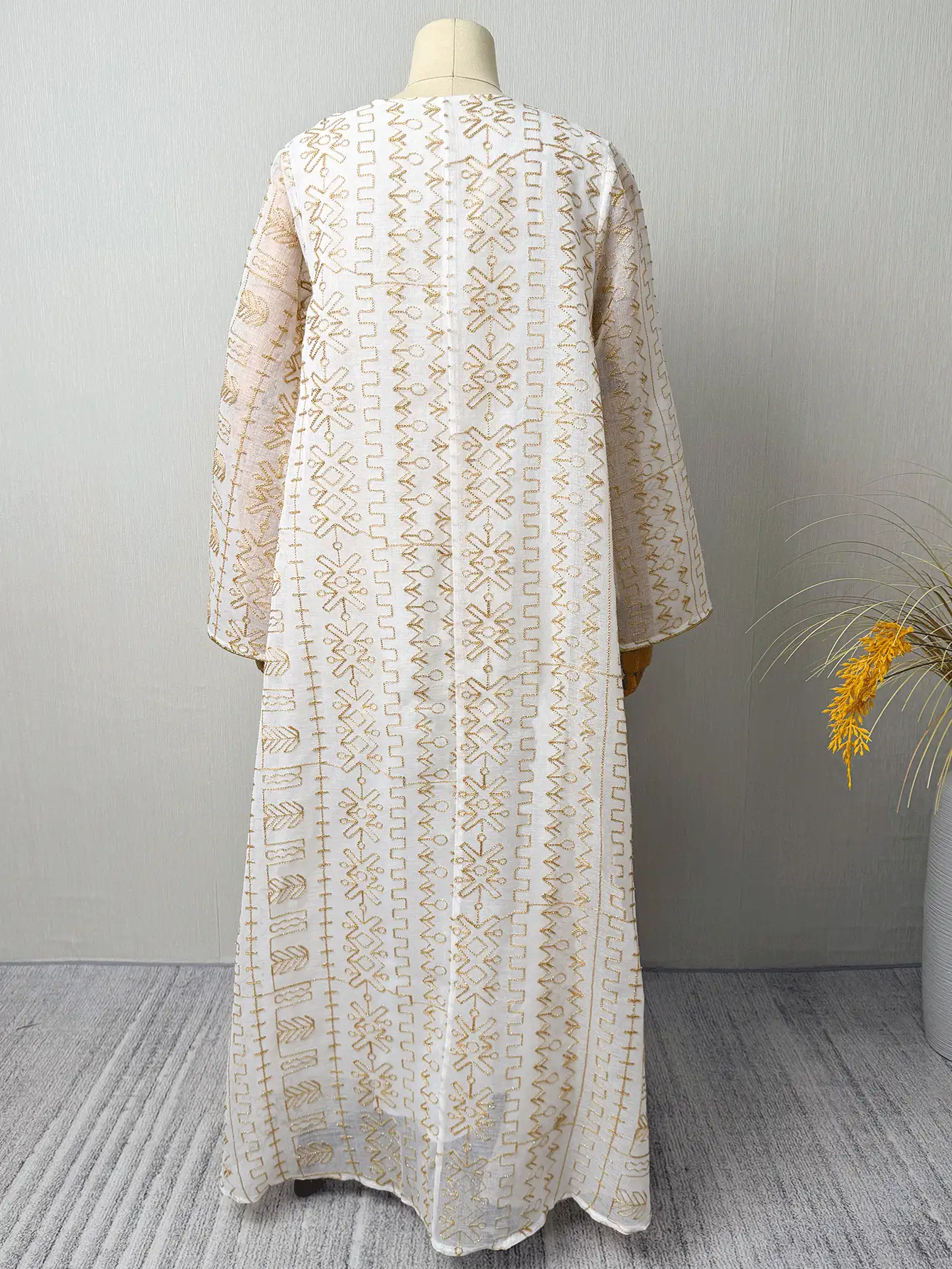 Geometric Sequin Patchwork Kaftan, Full Body Gold Embroidery Loose Elegant Muslim Long Dress White Fall - White - View 6