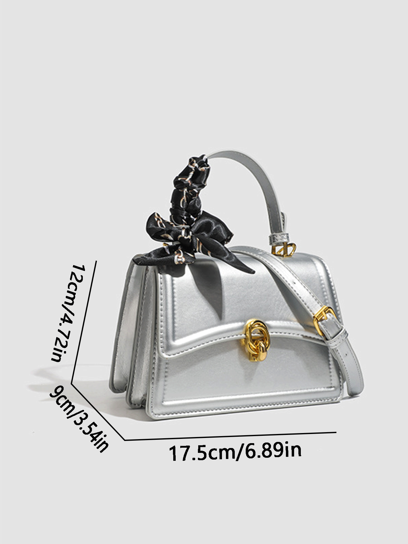 Metallic Silver Flip-Top Handbag With Twisted Silk Scarf Decor Top Handle And Crossbody Strap, Featuring Gold Twisted Lock Hardware - Silver - View 3
