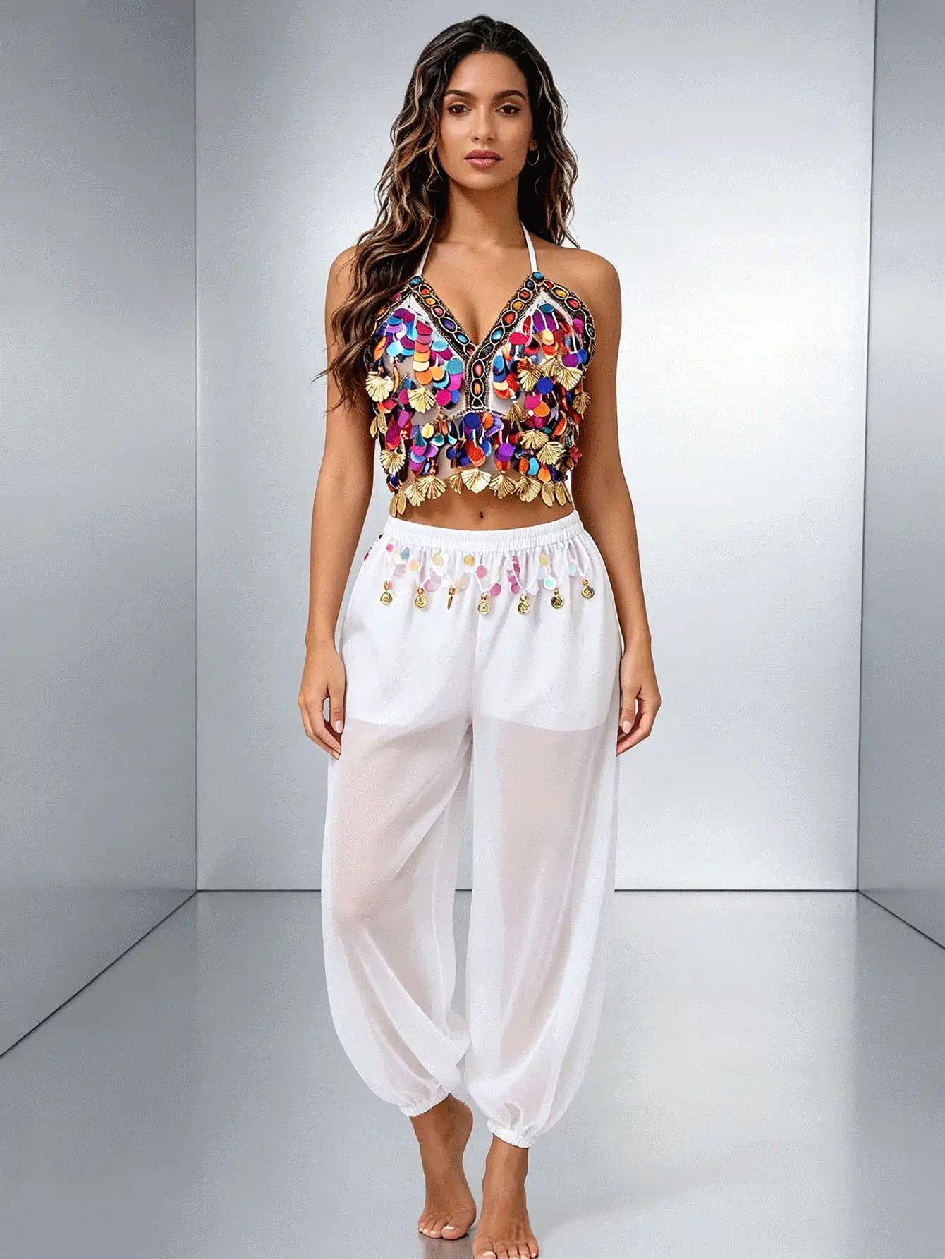 Professional Belly Dance Beaded Coin Fringe Halter Crop Top, Elastic Waist Dot Mesh Harem Pants For Dance Training, Cabaret Shows And Competitions - Multicolor - View 2