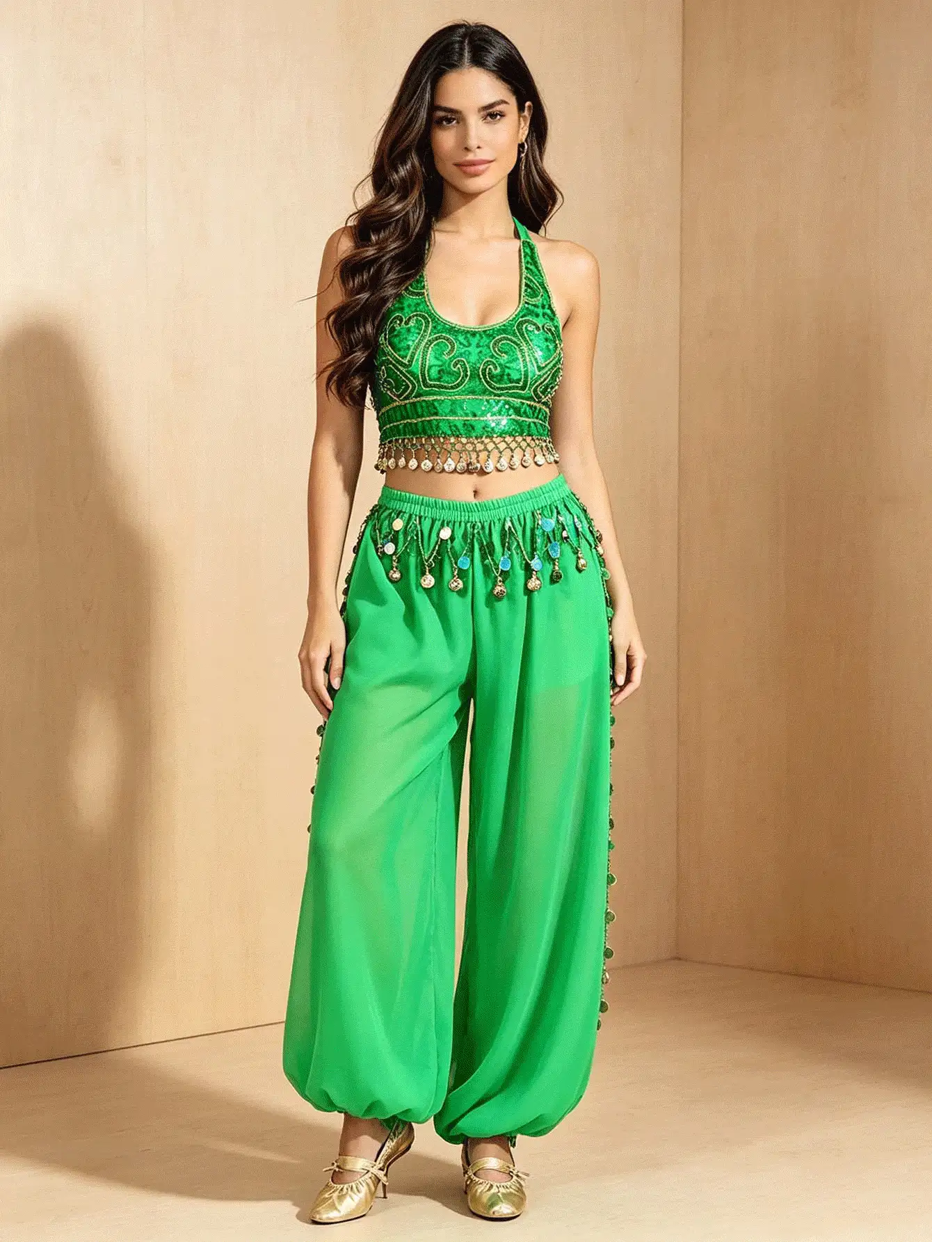 Professional Belly Dance Rhinestone Fringe Halter Crop Top, Elastic Waist Dot Mesh Harem Pants For Dance Training, Gala Shows And Competitions - Multicolor - View 2