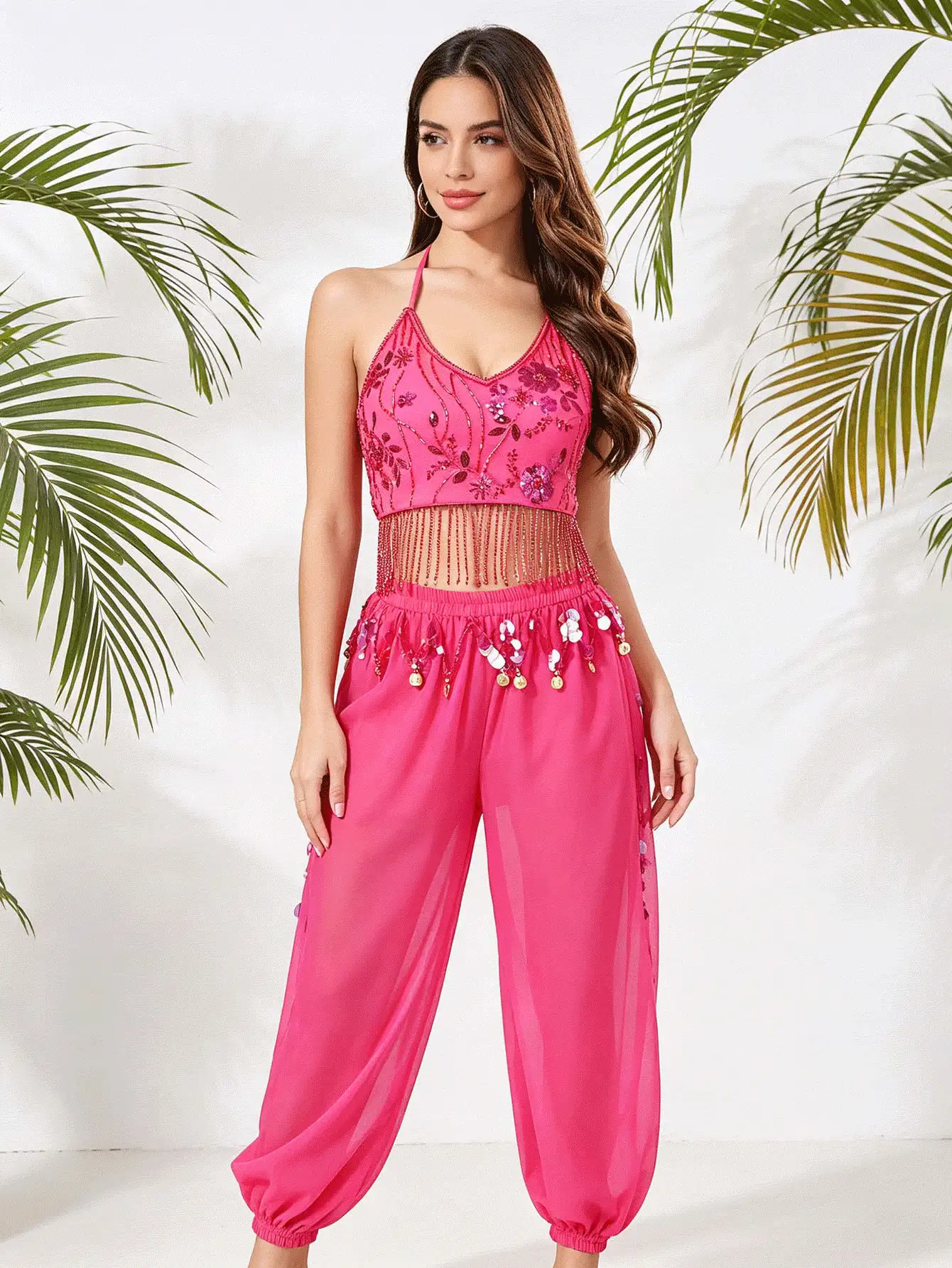 Professional Belly Dance Coin Fringe Embroidered Halter Crop Top, Elastic Waist Dot Mesh Harem Pants For Dance Training, Flamenco Shows And Competitions - Multicolor - View 2
