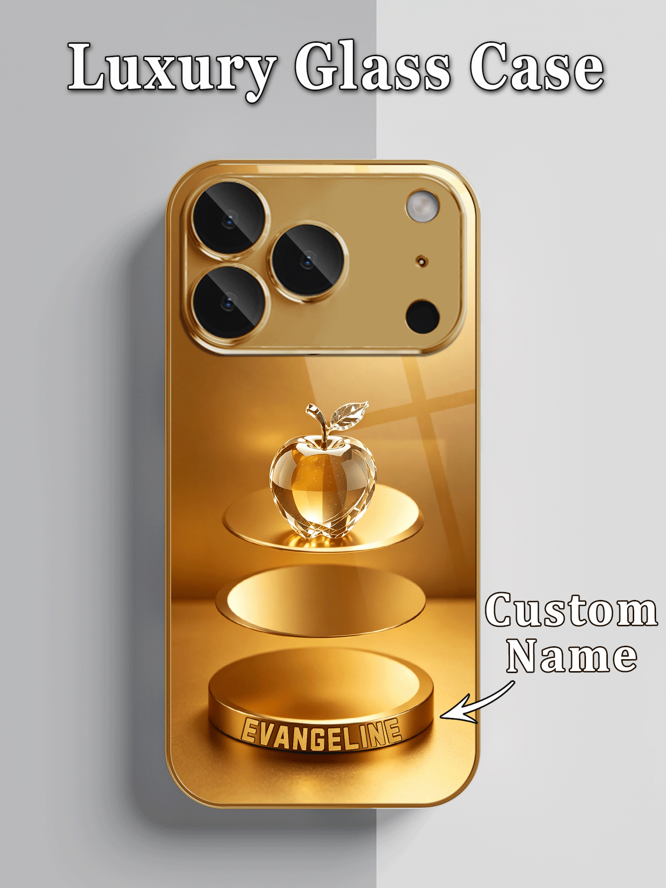 1件 DIY 定製獨家姓名奢華金星光水晶蘋果印花高畫質電鍍金玻璃手機殼，適用於 iPhone 17/17Pro/17ProMax/17Air/16/16Pro/16ProMax/16Plus/15/15Plus/15Pro/15Promax/14/14Pro/14Promax/13/12/11/XRMax/8/7/6Plus，手機配件，全覆蓋，優雅奢華，保護殼 - 金色 - 查看 2