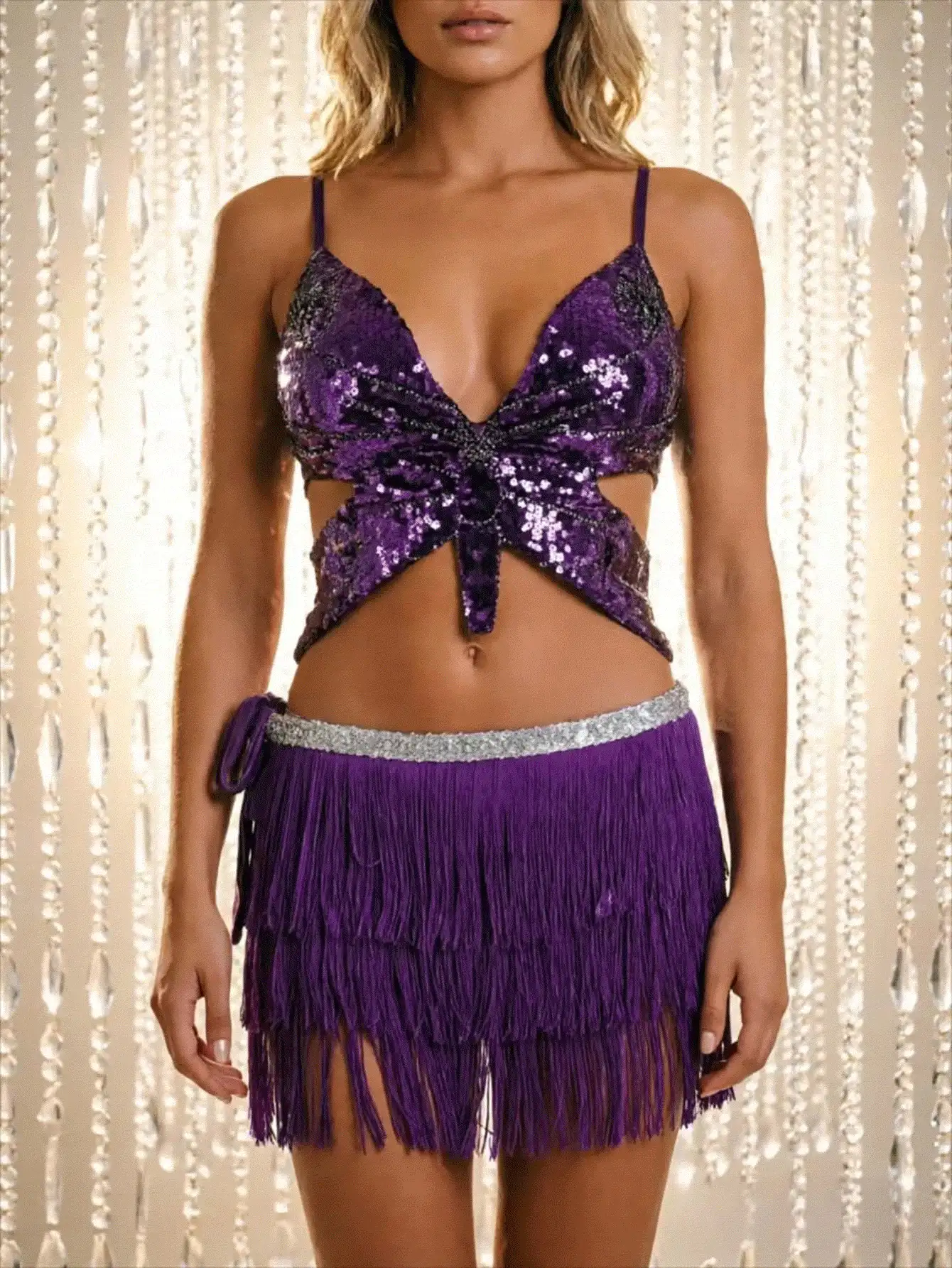 Sequin Crop Top With Multi-Layer Fringe Hip Scarf, Y2K Music Festival Party Waist Skirt 2 Pieces Set (Multiple Colors Available) - Multicolor - View 2