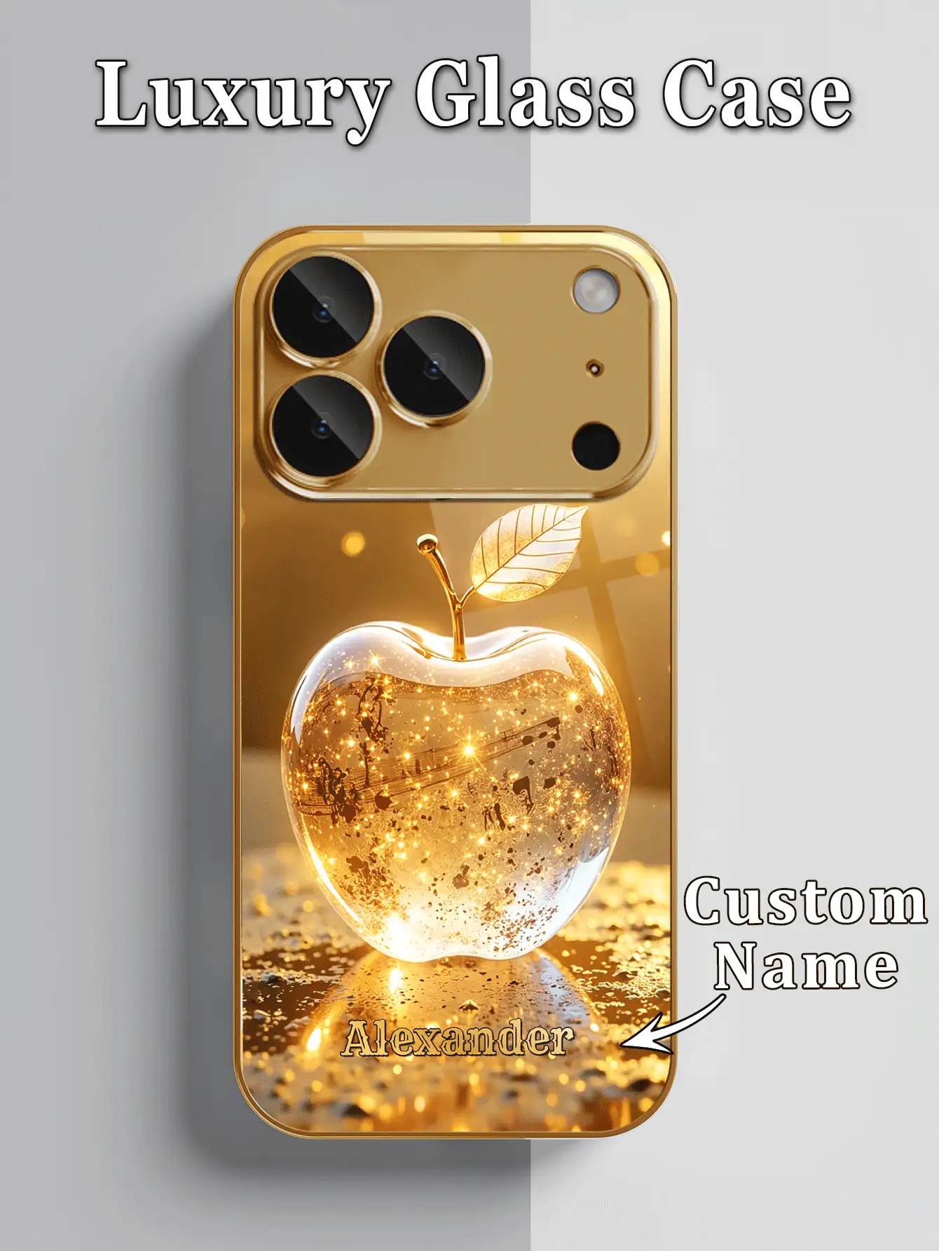 1件 DIY 定製姓名手機殼,金色亮片 Apple 奢華風印花圖案,高畫質電鍍金玻璃手機殼,適用於 iPhone 17/17Pro/17ProMax/17Air/16/16Pro/16ProMax/16Plus/15/15Plus/15Pro/15Promax/14/14Pro/14Promax/13/12/11/XRMax/8/7/6Plus 手機配件 - 金色 - 查看 3