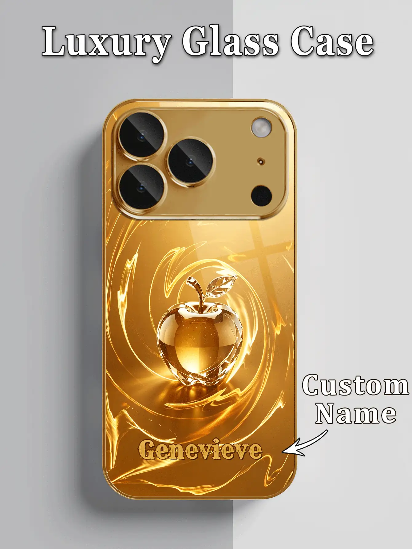 1件 DIY 定製獨家姓名奢華金旋渦光晶印花高畫質電鍍金玻璃手機殼,適用於 iPhone 17/17Pro/17ProMax/17Air/16/16Pro/16ProMax/16Plus/15/15Plus/15Pro/15Promax/14/14Pro/14Promax/13/12/11/XRMax/8/7/6Plus,全包覆,美觀優雅,極具吸引力的保護殼 - 金色 - 查看 3