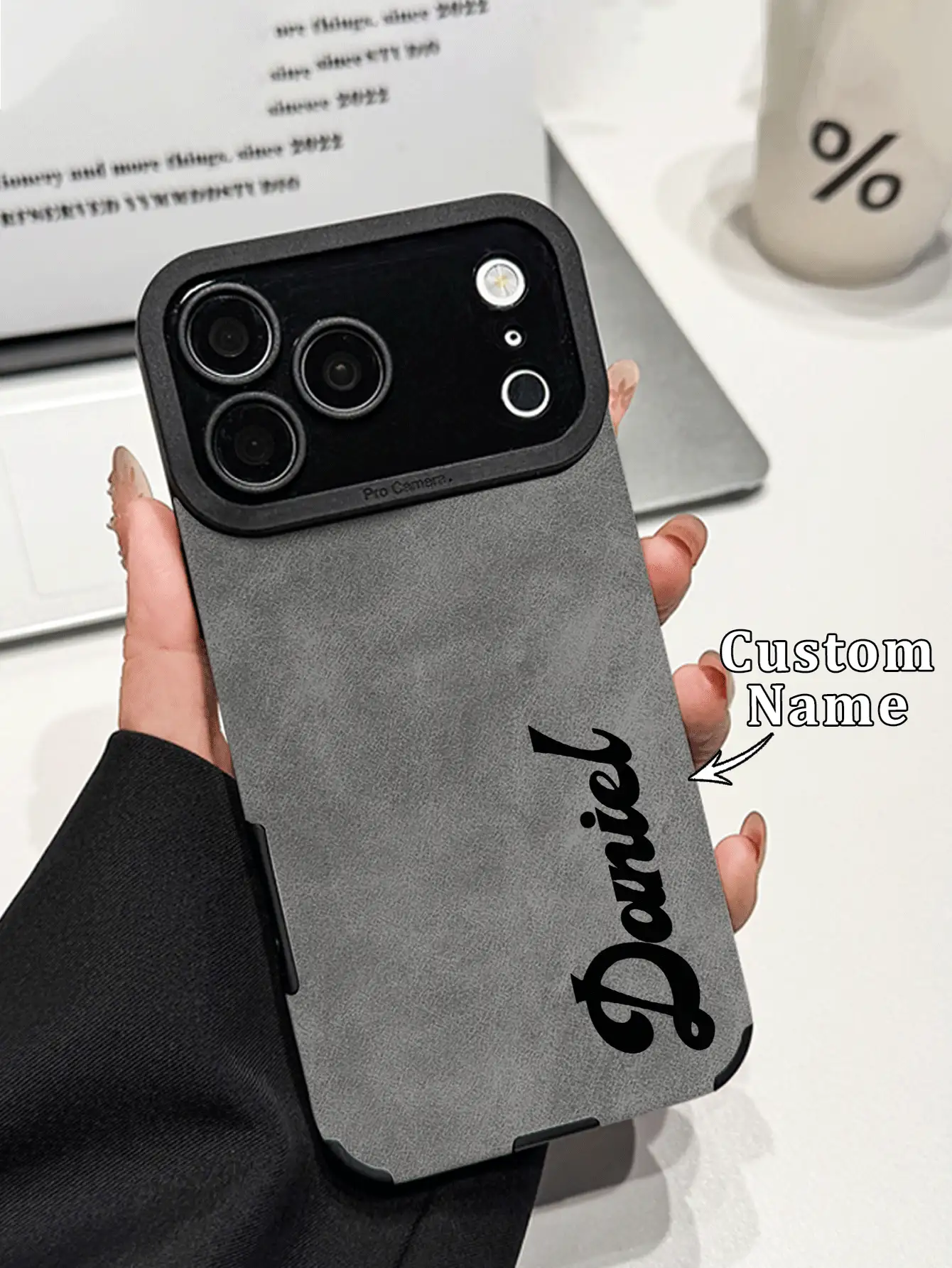 1pc DIY Vintage Vertical Name Customized Grey Suede Texture Phone Case Compatible With Apple Duo/18ProMax/17ProMax/16Pro/15/14Plus/13Pro/12ProMax/11/XsMax/7P/XS/XR And Phone Accessories, Men's Business Minimalist Full Coverage Anti-Drop Faux Leather Protective Cover - Black - View 2