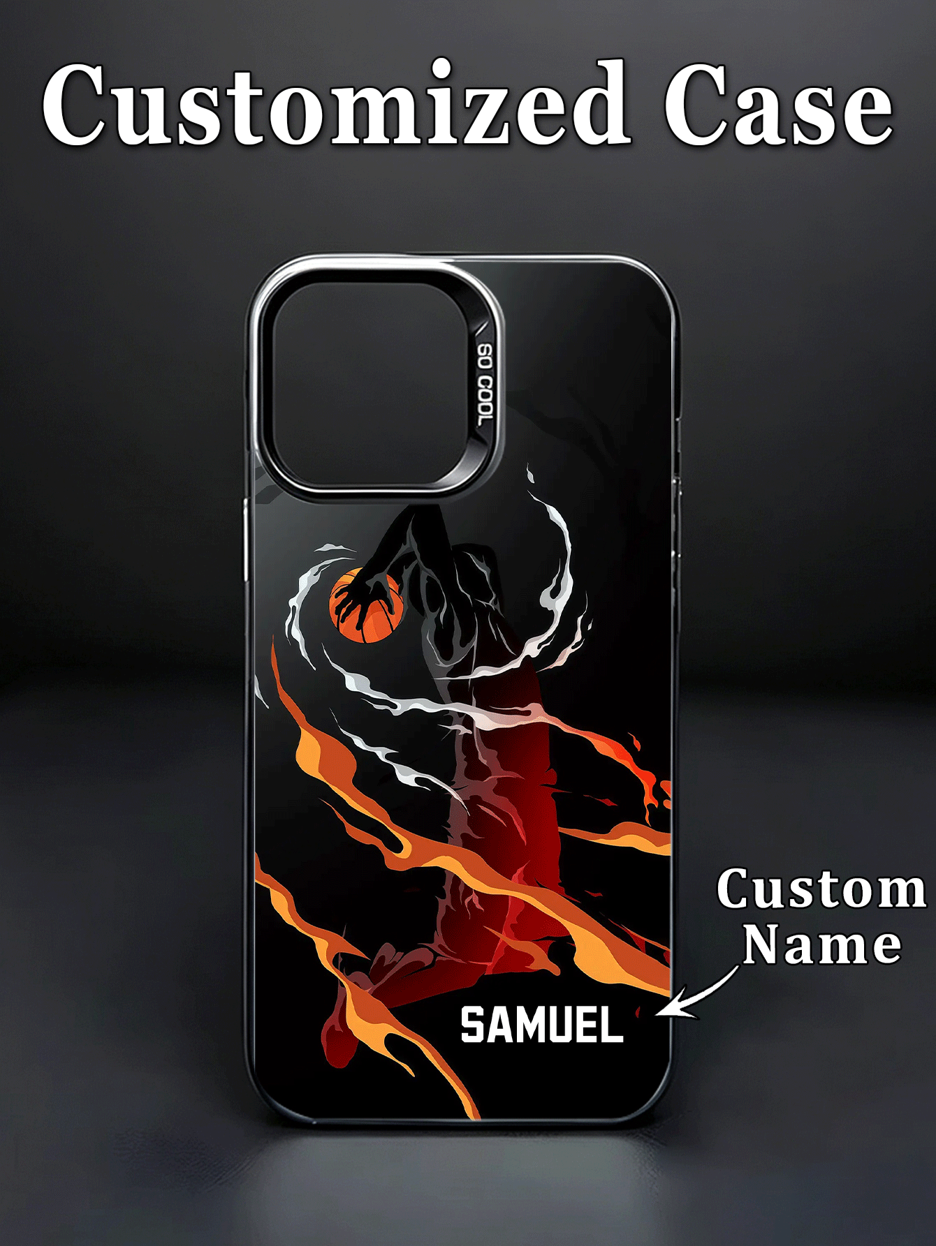 1pc DIY English Name Flame Ink Dunk Basketball Star Pattern Phone Case Compatible With Samsung S24ULTRA Series And 17ProMax/16Pro/15/14 Plus/13 Pro/12 Pro Max/11/7P/XS/XR, Hard PC Material, Anti-Scratch, Anti-Fingerprint, Personal, Partner, Family, Friend, Couple, Sister, Birthday, Anniversary Gift - Multicolor - View 2