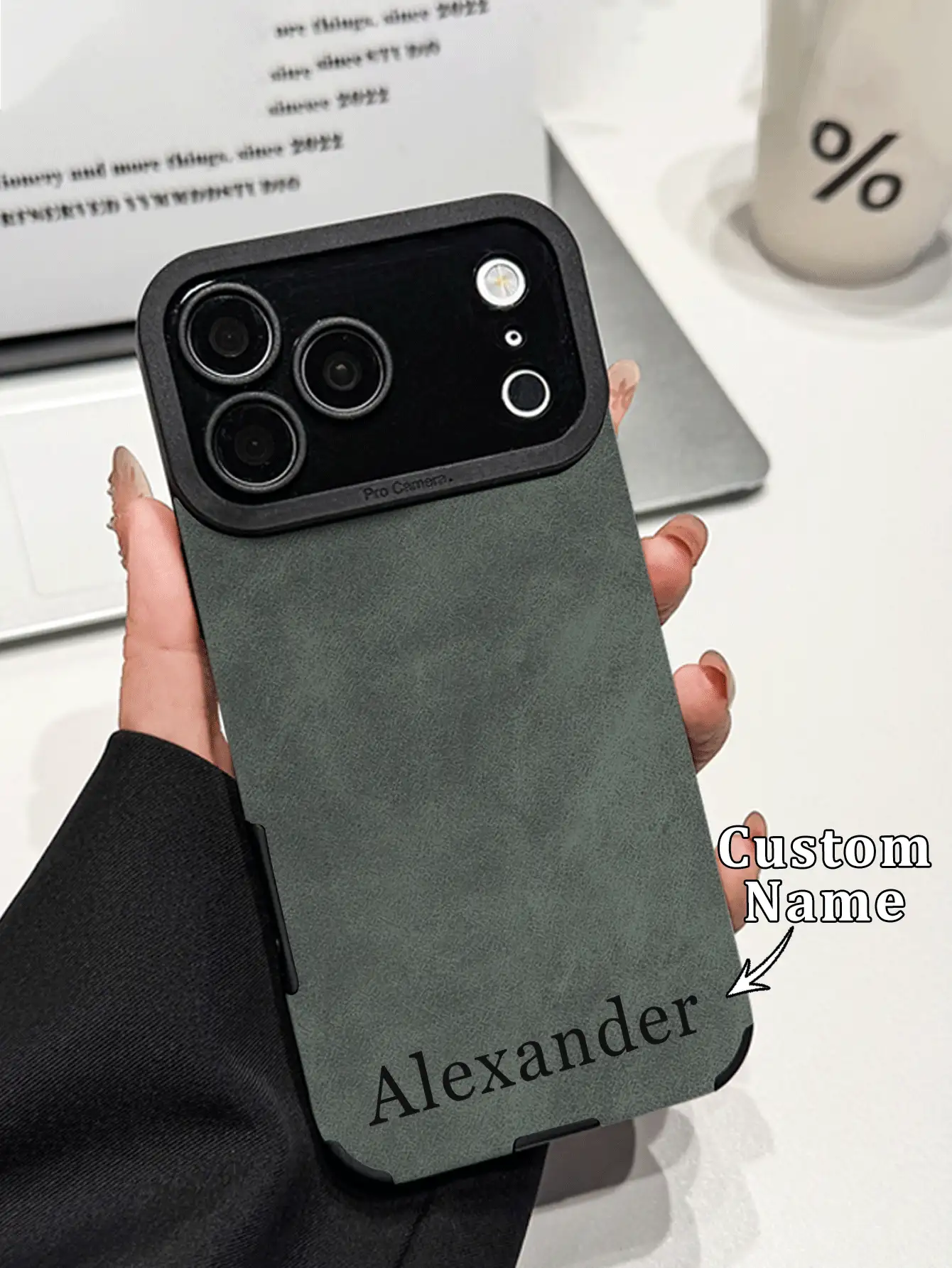 1件 DIY 定製姓名綠色麂皮質感手機殼,適用於 Apple 18ProMax/17ProMax/16Pro/15/14Plus/13Pro/12ProMax/11/XsMax 及手機配件,男士商務極簡全包防摔人造皮革保護殼 - 綠色 - 查看 2