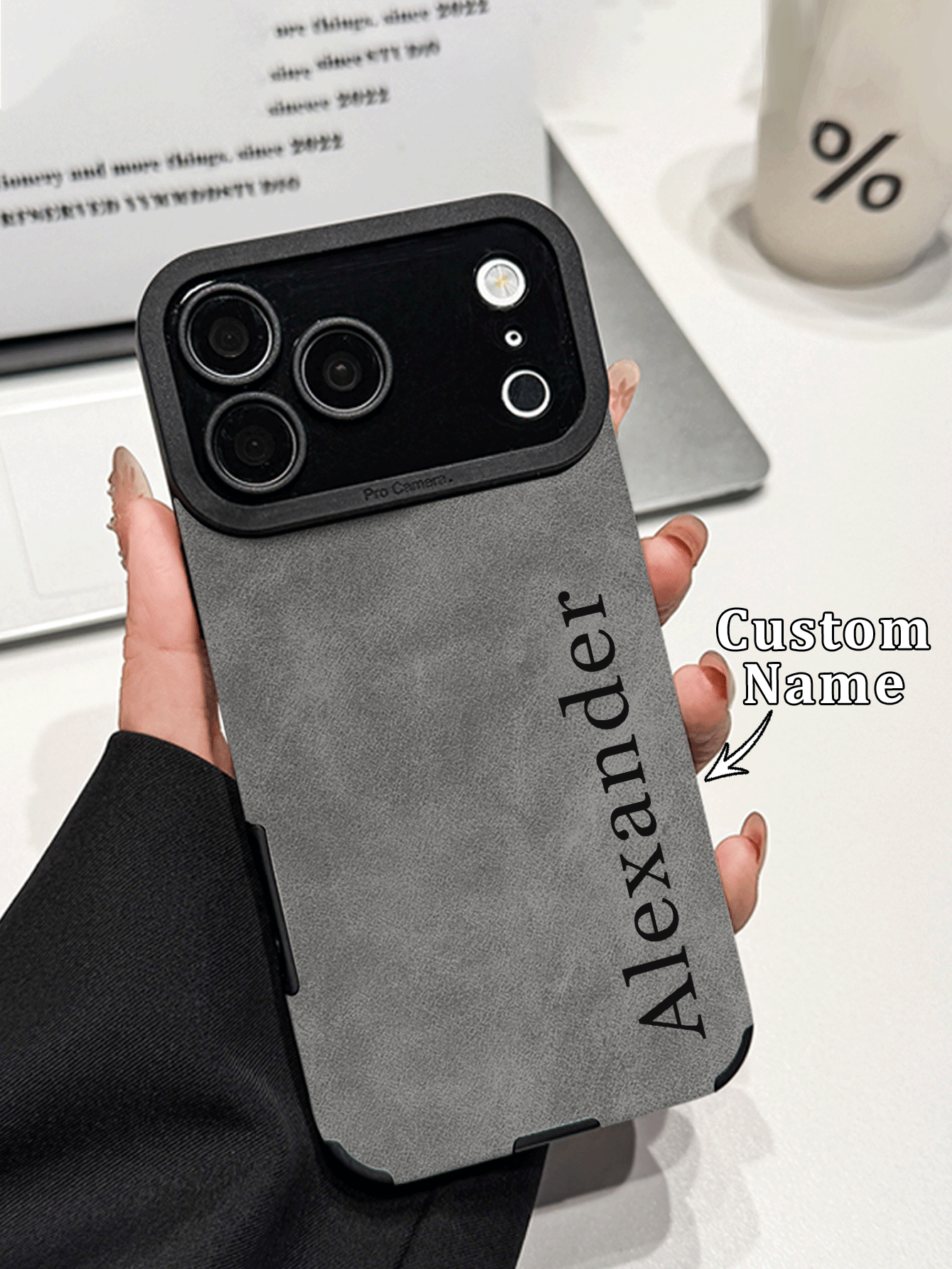 1pc Customizable DIY Name Black Phone Case Compatible With Apple 18ProMax/17ProMax/16Pro/15/14Plus/13 Pro/12ProMax/11/XsMax And Phone Accessories Made Of Soft PU Leather, Shockproof, Scratch-Resistant, Anti-Fingerprint, Soft TPU Full Coverage Shell, A Rational Choice Personalized Phone Case Gift, Ideal For Partners, Family Members, Best Friends, Birthday Or Anniversary Personalized Gift - Black - View 2