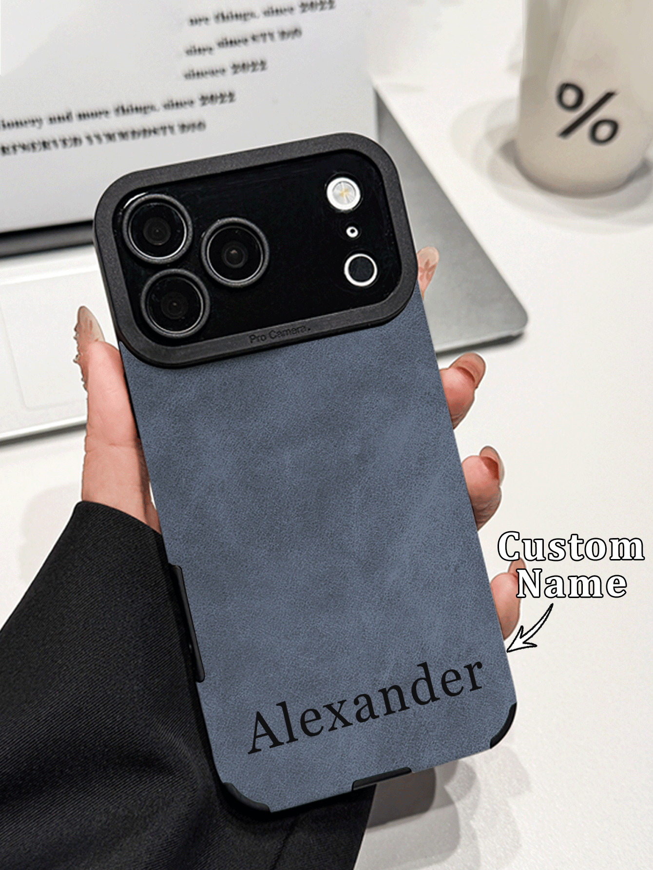 1 قطعة بطانية هاتف مخصص DIY باسم مخصص بملمس جلد الغزال الأزرق متوافق مع Apple 18ProMax/17ProMax/16Pro/15/14Plus/13Pro/12ProMax/11/XsMax وإكسسوارات الهاتف، بطانية حماية كامل للرجال بتصميم أعمال بسيط مقاوم للسقوط من الجلد الاصطناعي - الأزرق - مشاهدة 2