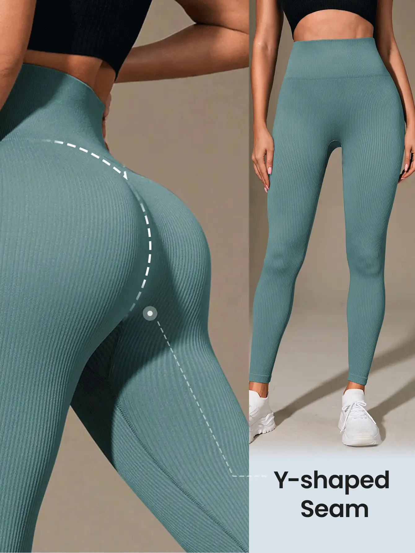 Women's Slim Fit Ribbed Leggings, High Waist Elastic Sports Pants, Autumn/Winter - Blue - View 4