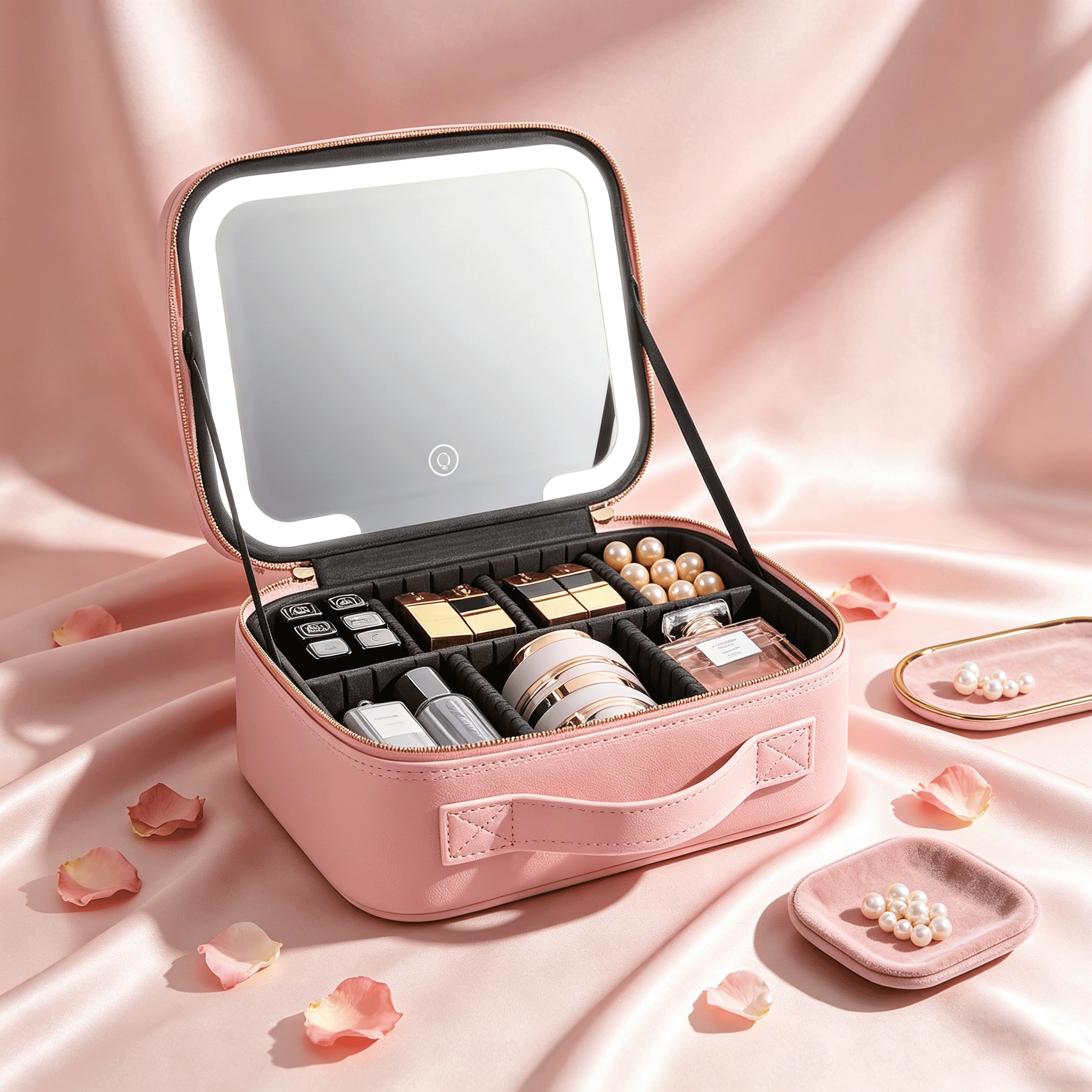 Portable PU Makeup Organizer Box With Detachable LED Mirror, 3-Color Light Modes Touch Control, Large Capacity Adjustable Dividers Cosmetic Storage Bag, Handheld Travel Makeup Organizer, Gift For Women - Multicolor - View 5