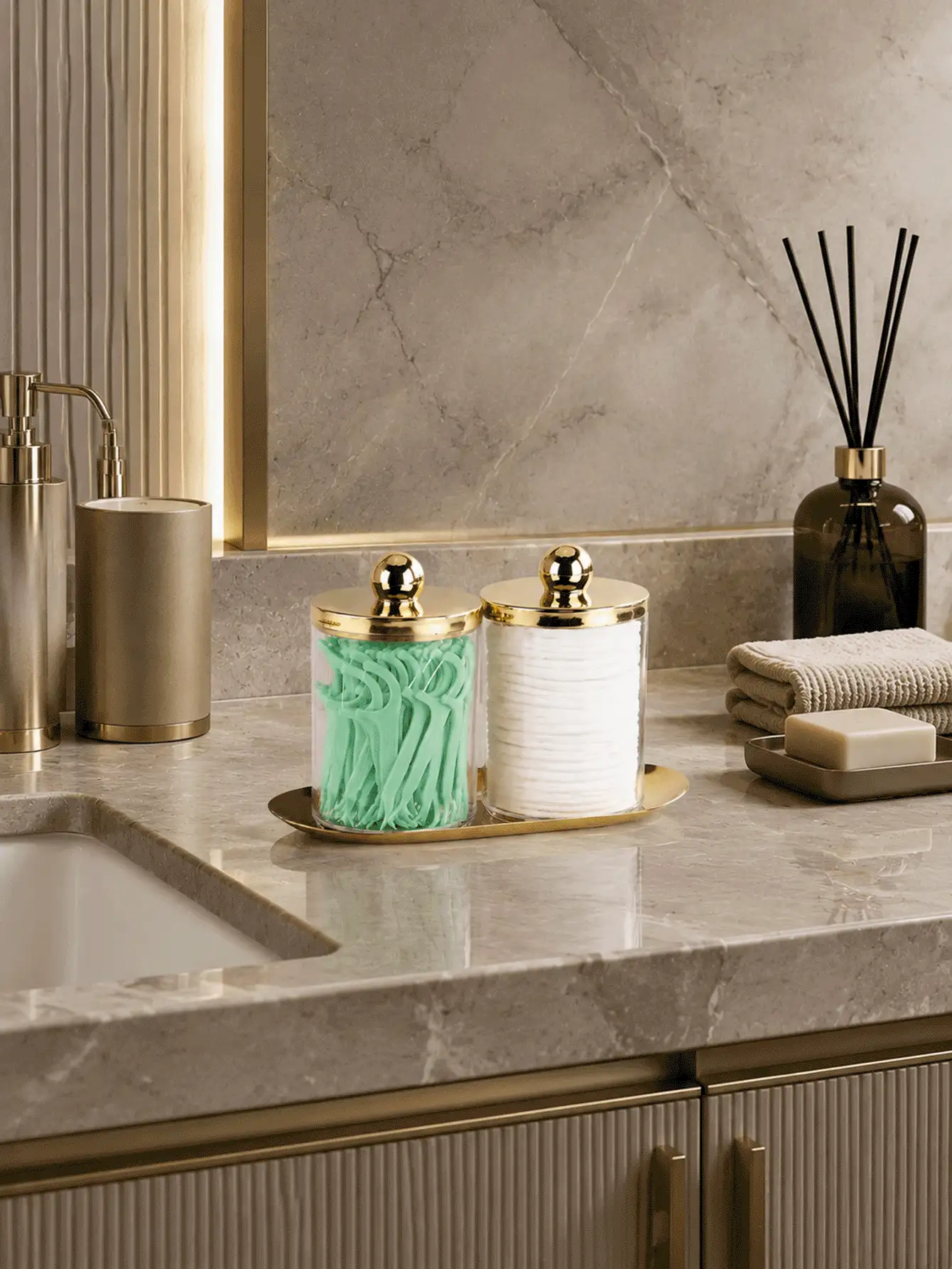 Clear Acrylic Bathroom Storage Jars With Gold Lid And Tray, Cotton Ball Holder, Cotton Swab Holder, Countertop Vanity Organizer, 3-Piece Set - Multicolor - View 2