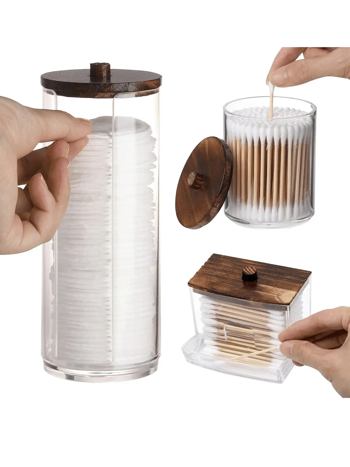 4 piezas Caja de almacenamiento de acrílico para bastoncillos de algodón, organizador de maquillaje con compartimentos divididos para bastoncillos de algodón, almohadillas redondas, palillos y artículos pequeños - Multicolor - Ver 3