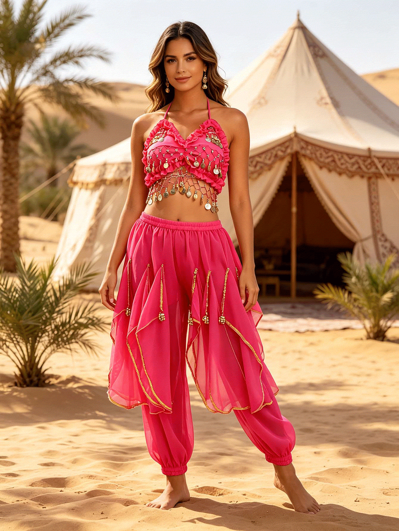 Desert Exotic Performance Mesh Chain Coin Decor Crop Top Draped Sheer Panel Cuffed Dance Pants (Multiple Colors Available) - Multicolor - View 9