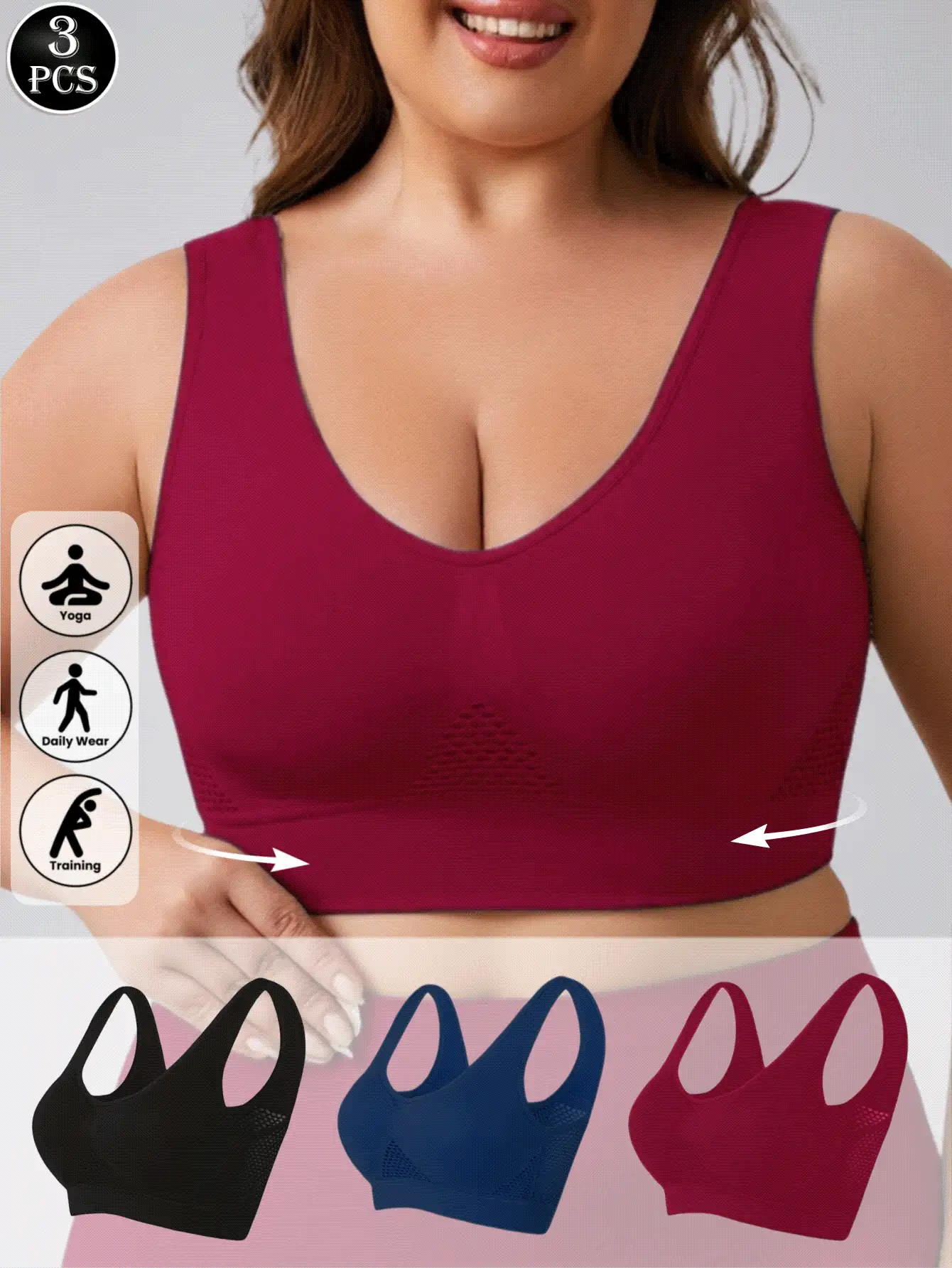 3 Packs Plus Size Women High Support Sports Bra, Breathable Hollow Mesh V Neck Wide Strap Wireless Tank Intimates For Workout, Daily Layering & Rest - Multicolor - View 2